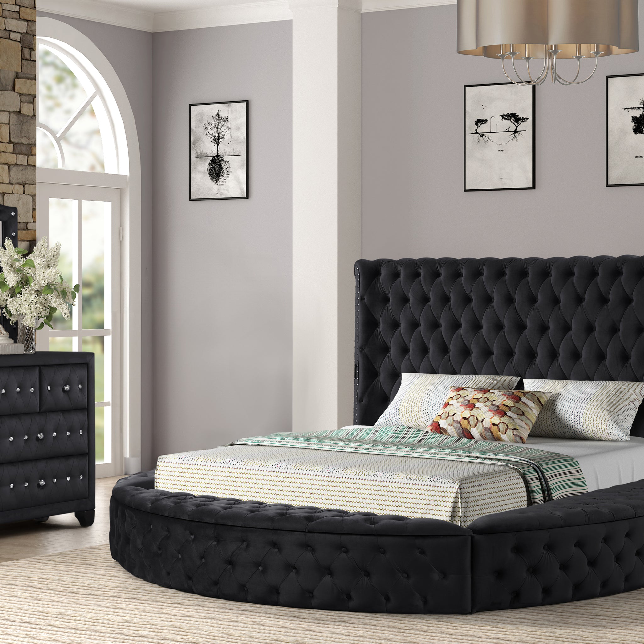 Queen 4 Pc Bedroom Set Made With Wood In Black Color Box Spring Not Required Queen Black Wood 4 Piece Set Bedroom Bed Included,Dresser Included,Mirror Included,Nightstand Included Contemporary,Modern Upholstered Velvet Tufted Wood