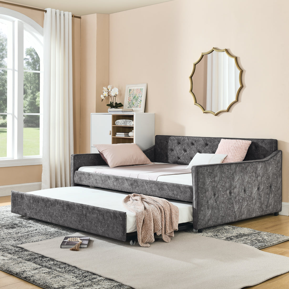 Full Size Daybed With Twin Size Trundle Upholstered Tufted Sofa Bed, Waved Shape Arms, Grey Box Spring Not Required Full Grey Wood Bedroom Eucalyptus Polyester Polyester