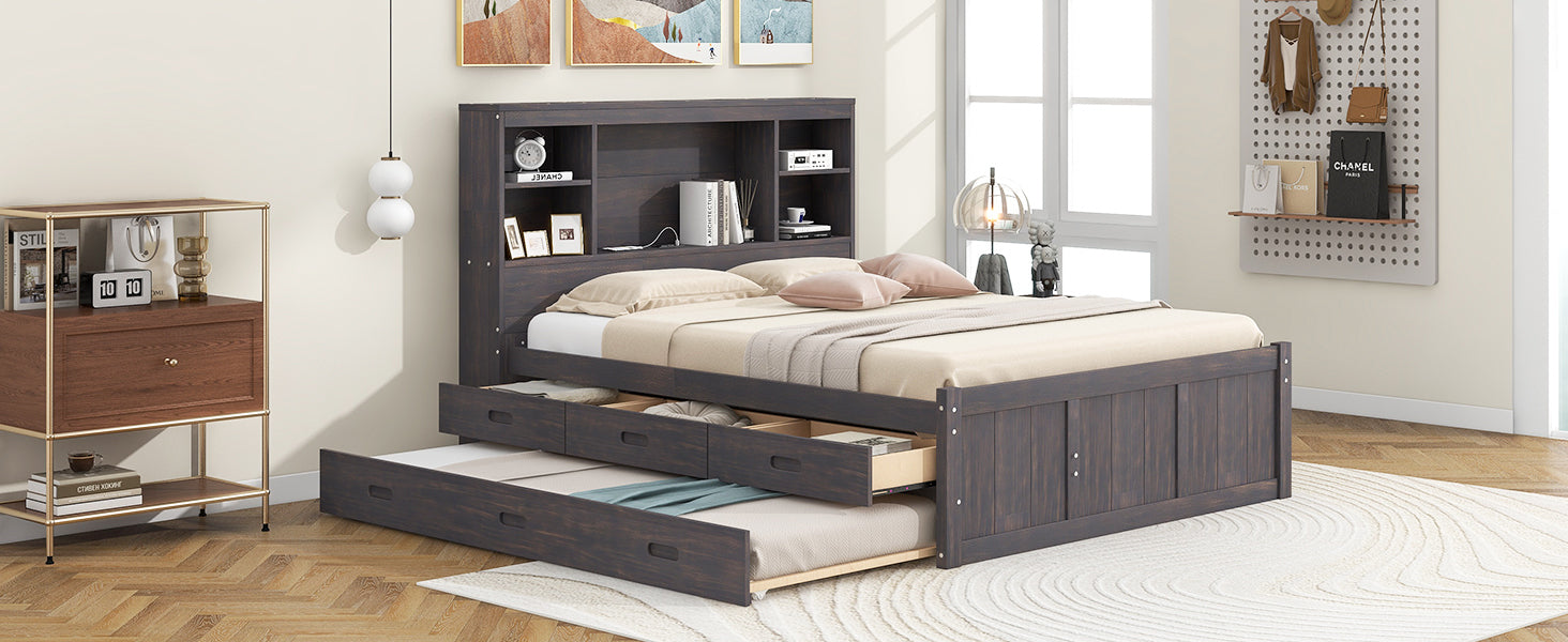 Full Size Platform Bed With Storage Headboard, Charging Station, Twin Size Trundle And 3 Drawers, Antique Brown Box Spring Not Required Twin Antique Brown Wood Bedroom Bed Frame Solid Wood Mdf