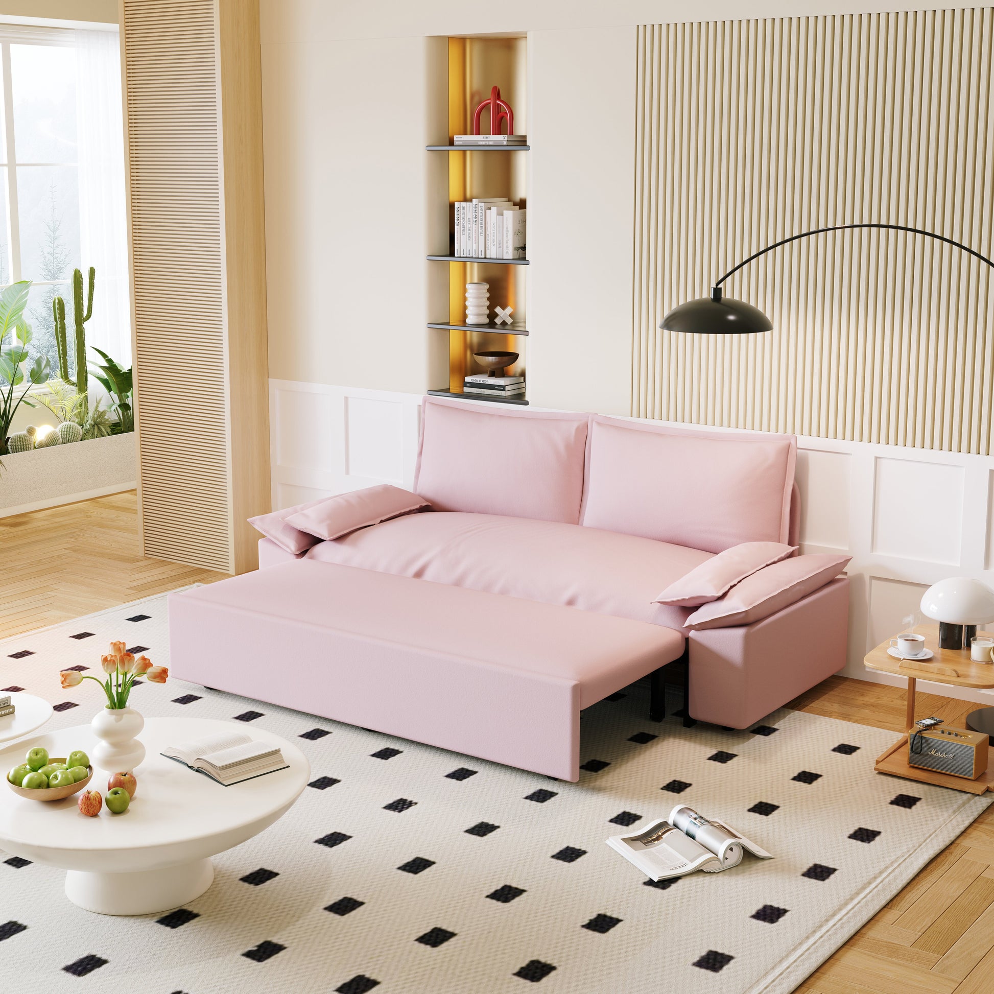 70.1" Queen Pull Out Sofa Bed, 3 In 1 Convertible Sleeper Sofa With 2 Soft Pillows,Multi Functional Velvet Loveseat Bed,Pink Pink Velvet 2 Seat