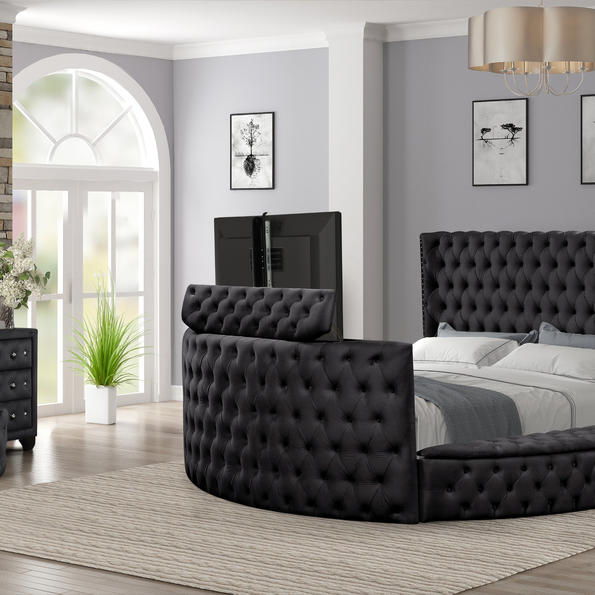 Crystal Tufted King 4 Pc Vanity Bedroom Set Made With Wood In Black Box Spring Not Required King Black Wood 4 Piece Set Bedroom Modern Upholstered Velvet Wood