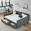 Queen Size Daybed With Drawers Upholstered Tufted Sofa Bed,With Button On Back On Waved Shape Arms Box Spring Not Required Queen Grey Wood Bedroom Eucalyptus Polyester Foam