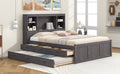 Full Size Platform Bed With Storage Headboard, Charging Station, Twin Size Trundle And 3 Drawers, Antique Brown Box Spring Not Required Twin Antique Brown Wood Bedroom Bed Frame Solid Wood Mdf