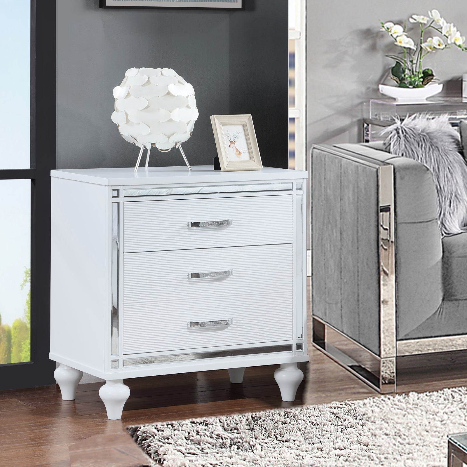 Contemporary Nightstands With Mirror Frame Accents, Bedside Table With Two Drawers And One Hidden Drawer, End Table With Crystal Pull For Living Room,Bedroom, White White 3 Drawers Solid Wood Mdf