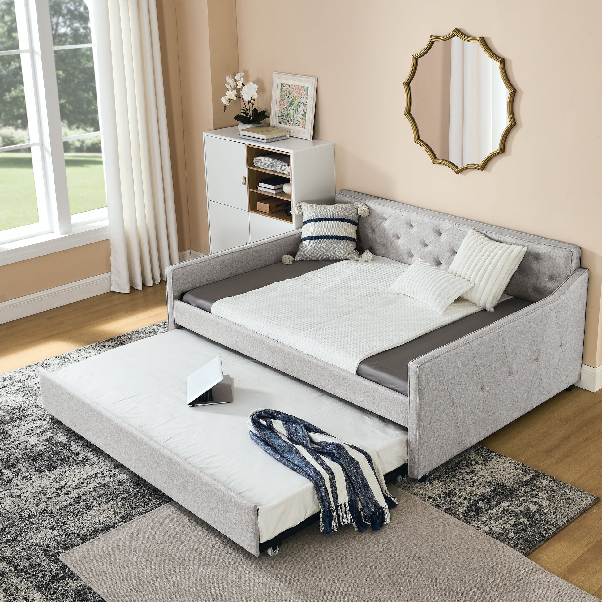 Full Size Daybed With Twin Size Trundle Upholstered Tufted Sofa Bed, Waved Shape Arms, Beige Box Spring Not Required Full Beige Wood Bedroom Eucalyptus Linen Linen