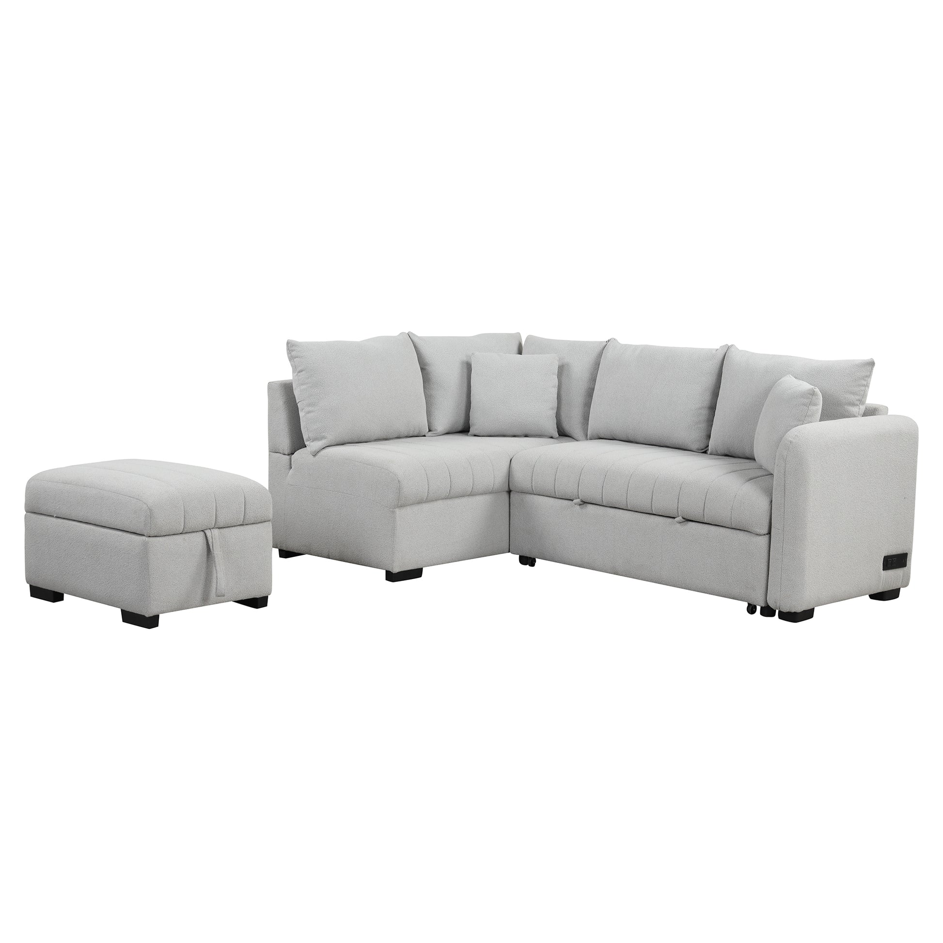 82.6" L Shaped Sectional Pull Out Sofa Bed Sleeper Sofa With Two Usb Ports, Two Power Sockets And A Movable Storage Ottoman, Gray Gray Foam Polyester