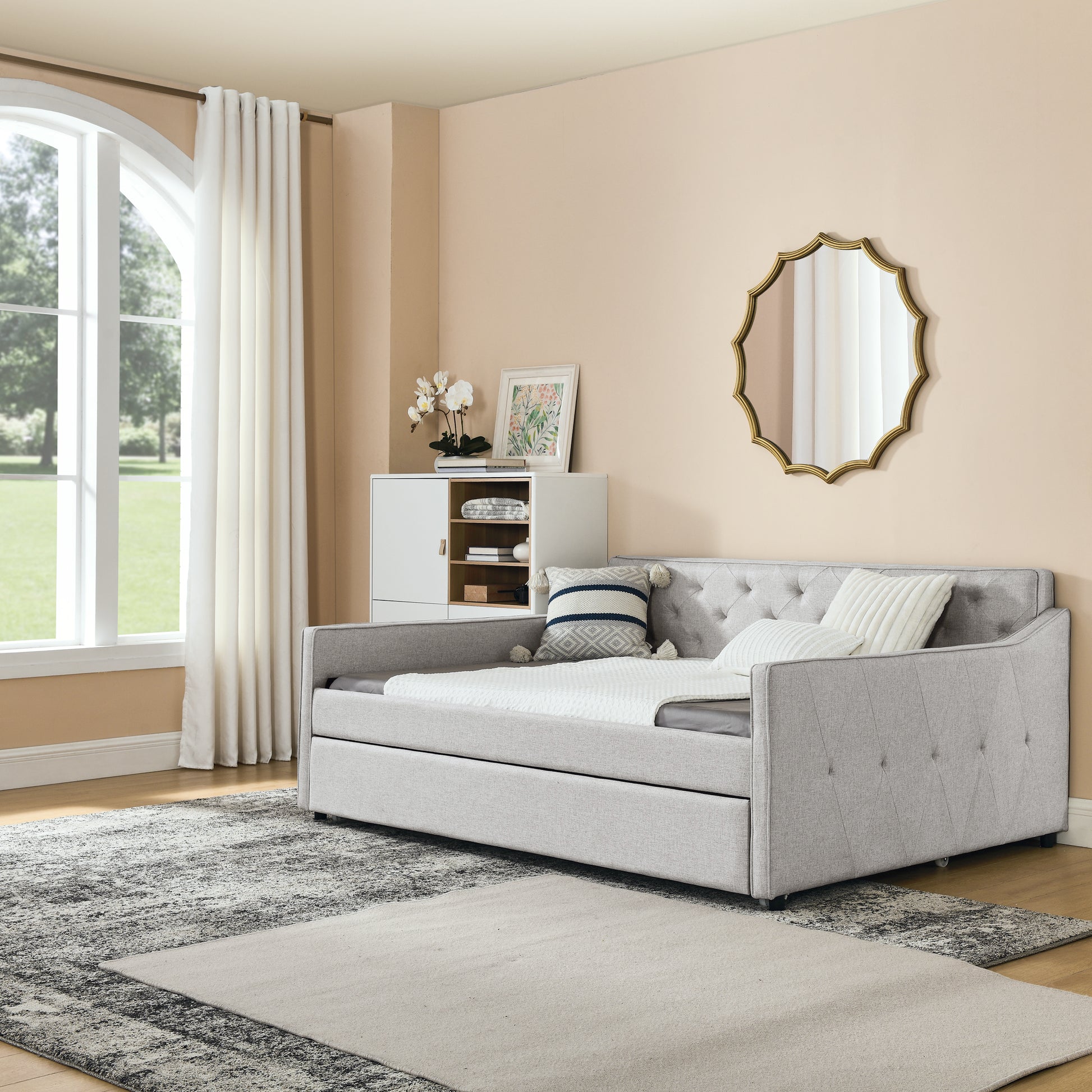 Full Size Daybed With Twin Size Trundle Upholstered Tufted Sofa Bed, Waved Shape Arms, Beige Box Spring Not Required Full Beige Wood Bedroom Eucalyptus Linen Linen