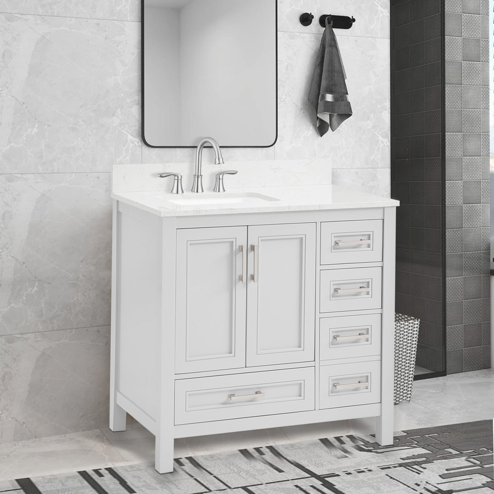 36 In Undermount Single Sink Bathroom Storage Cabinet With Engineered Carrara Marble Top Light Gray 2 4 36 To 47 In 36 To 59 In Soft Close Doors Bathroom 20 25 Inches Mdf Painted