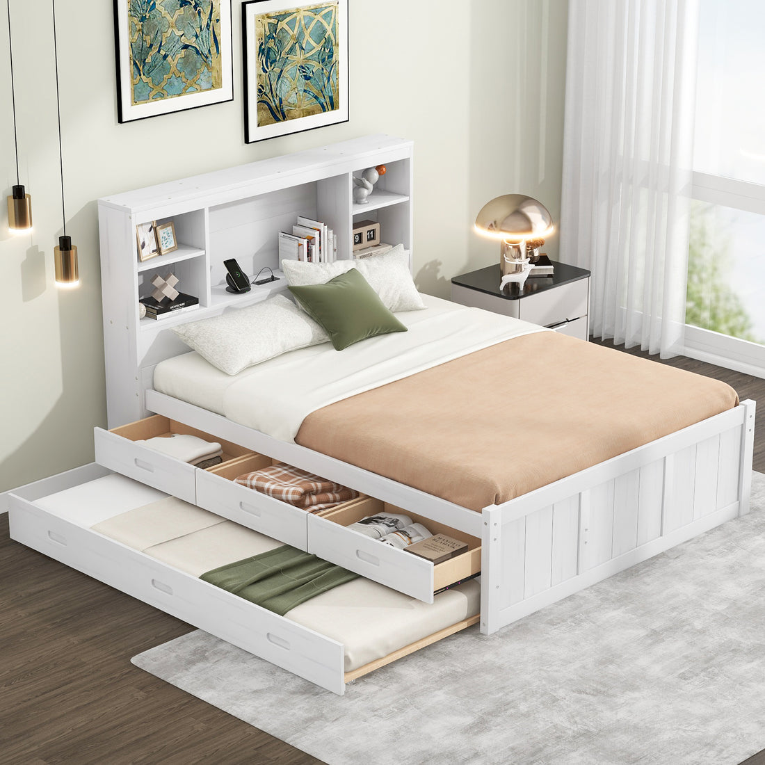 Full Size Platform Bed With Storage Headboard, Charging Station, Twin Size Trundle And 3 Drawers, Antique White Box Spring Not Required Twin Antique White Wood Bedroom Bed Frame Solid Wood Mdf