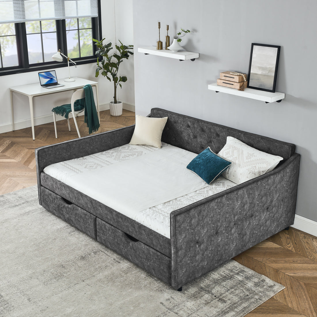 Queen Size Daybed With Drawers Upholstered Tufted Sofa Bed,With Button On Back On Waved Shape Arms Box Spring Not Required Queen Grey Wood Bedroom Eucalyptus Polyester Foam