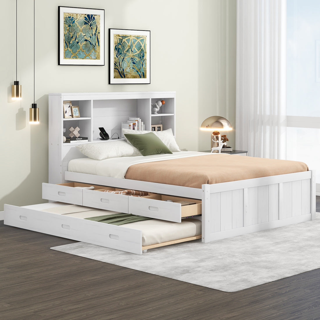 Full Size Platform Bed With Storage Headboard, Charging Station, Twin Size Trundle And 3 Drawers, Antique White Box Spring Not Required Twin Antique White Wood Bedroom Bed Frame Solid Wood Mdf