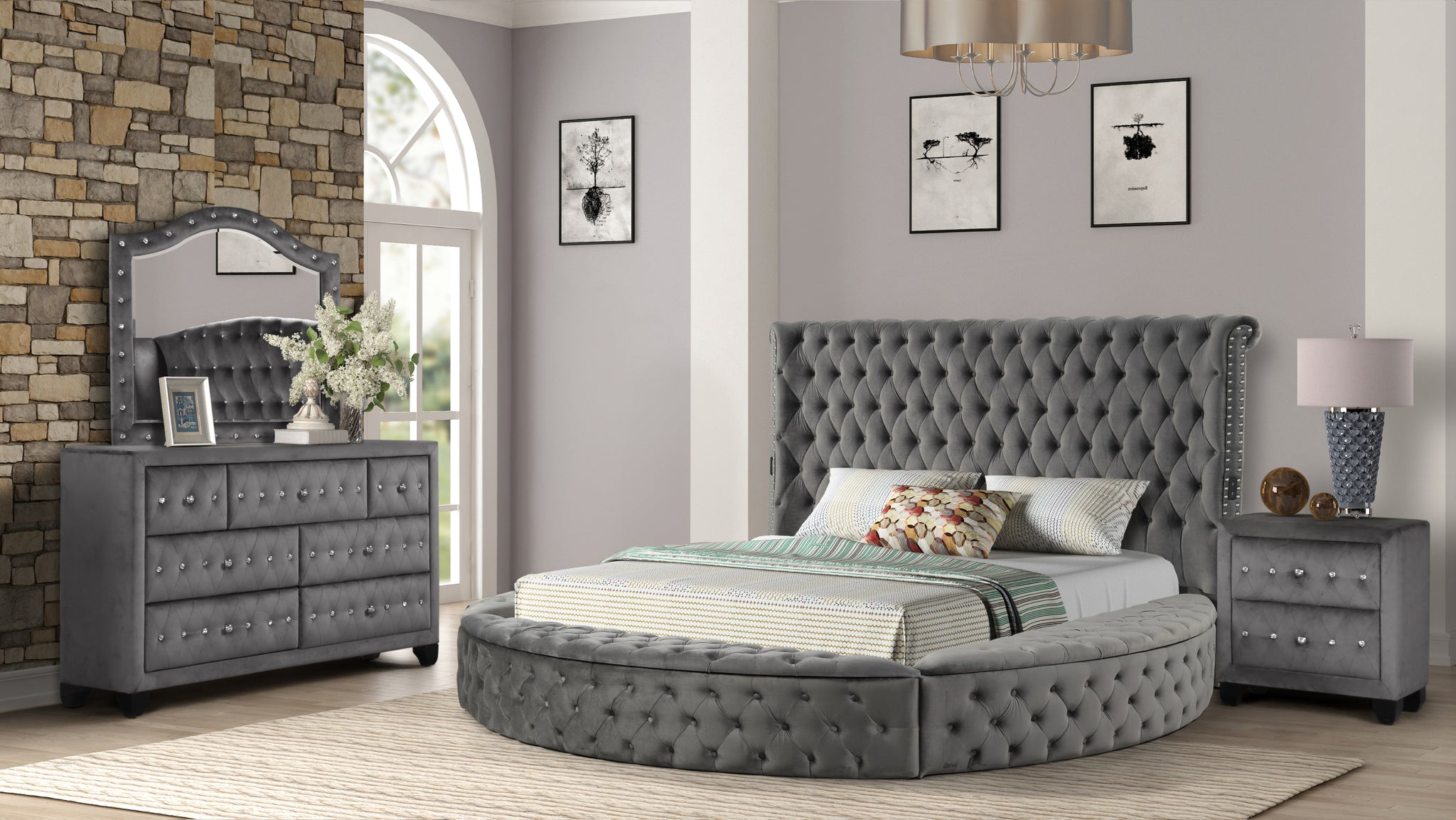 Hazel Queen 4 Pc Tufted Upholstery Bedroom Set Made With Wood In Gray Box Spring Not Required Queen Grey Wood 4 Piece Set Bedroom Bed Included,Dresser Included,Mirror Included,Nightstand Included Contemporary,Modern Upholstered Velvet Tufted Wood