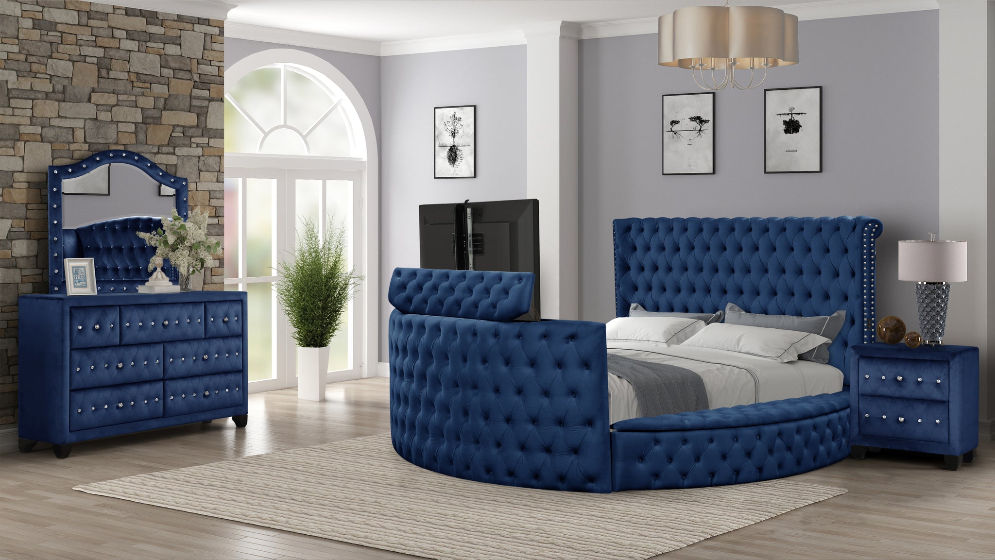 Maya Modern Style Crystal Tufted King 4Pc Bed Room Set Made With Wood In Blue Box Spring Not Required King Blue Wood 4 Piece Set Bedroom Bed Included,Dresser Included,Mirror Included,Nightstand Included Modern Upholstered Velvet Tufted Wood