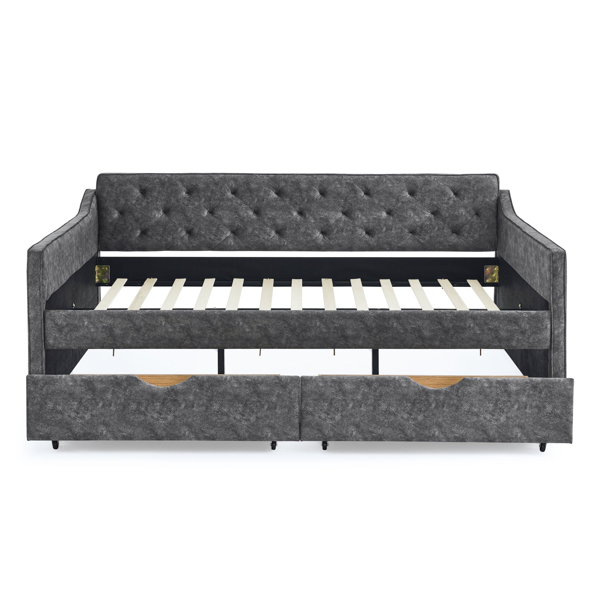 Queen Size Daybed With Drawers Upholstered Tufted Sofa Bed,With Button On Back On Waved Shape Arms Box Spring Not Required Queen Grey Wood Bedroom Eucalyptus Polyester Foam