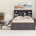 Full Size Platform Bed With Storage Headboard, Charging Station, Twin Size Trundle And 3 Drawers, Antique Brown Box Spring Not Required Twin Antique Brown Wood Bedroom Bed Frame Solid Wood Mdf