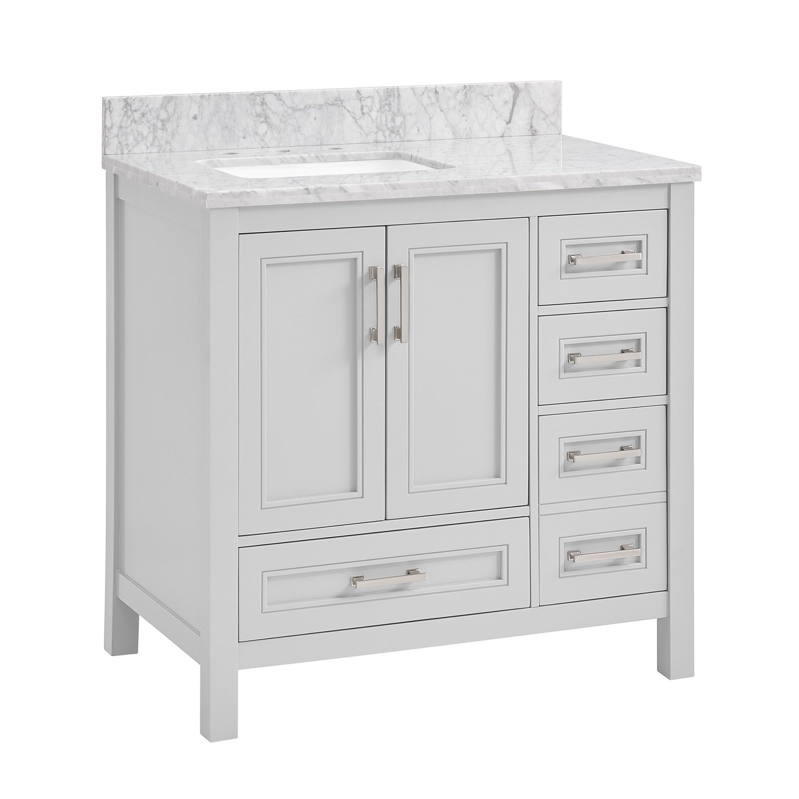 36 In Undermount Single Sink Bathroom Storage Cabinet With Carrara Natural Marble Top 4 Light Gray 2 Soft Close Doors Bathroom Mdf Painted