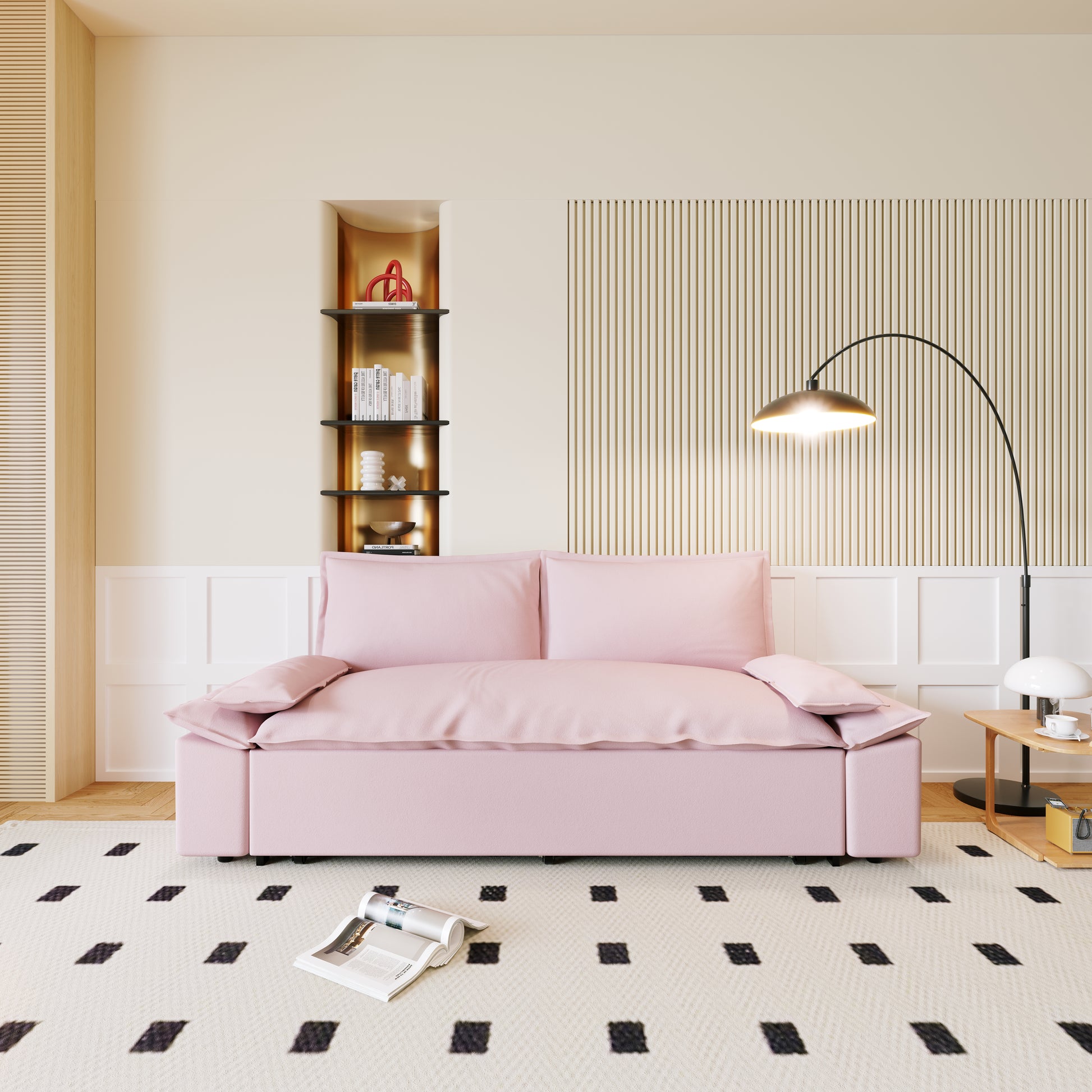 70.1" Queen Pull Out Sofa Bed, 3 In 1 Convertible Sleeper Sofa With 2 Soft Pillows,Multi Functional Velvet Loveseat Bed,Pink Pink Velvet 2 Seat