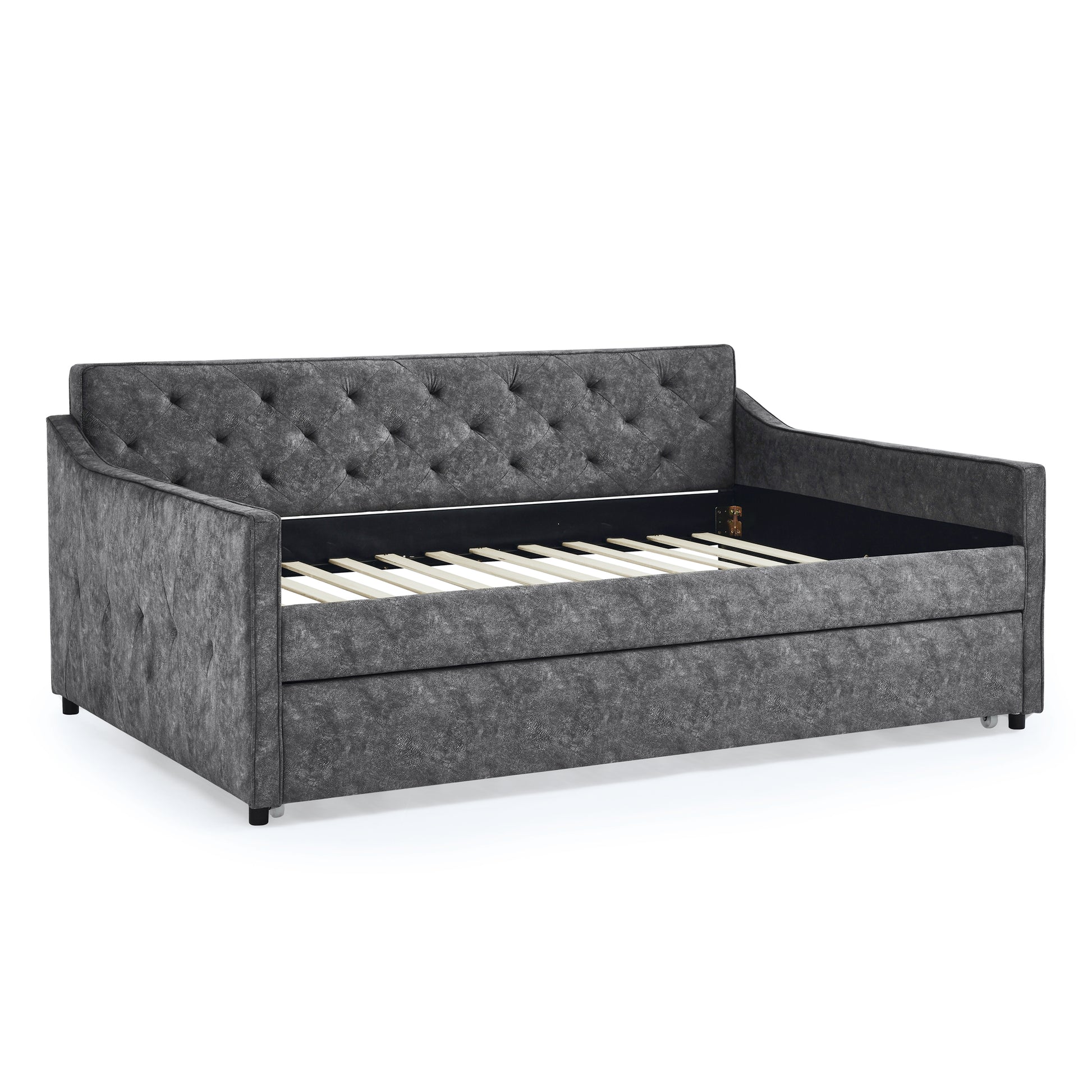 Full Size Daybed With Twin Size Trundle Upholstered Tufted Sofa Bed, Waved Shape Arms, Grey Box Spring Not Required Full Grey Wood Bedroom Eucalyptus Polyester Polyester