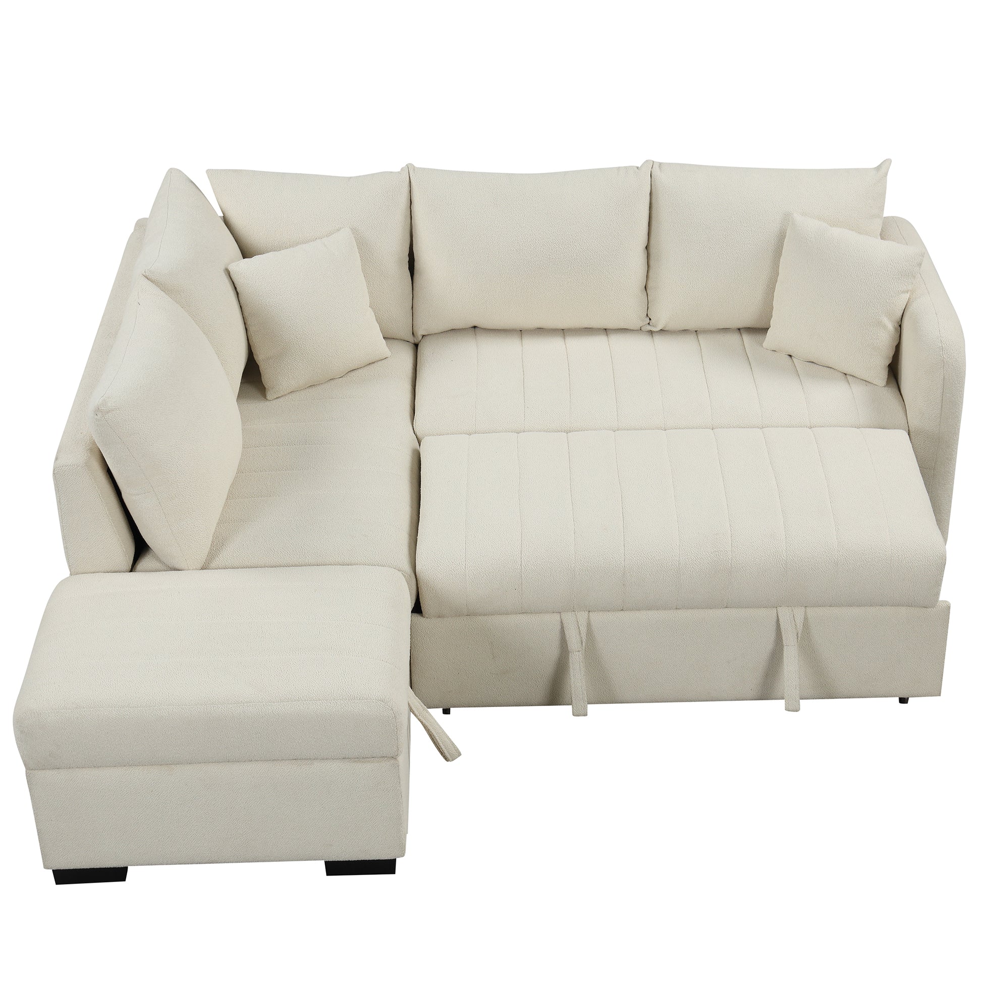82.6" L Shaped Sectional Pull Out Sofa Bed Sleeper Sofa With Two Usb Ports, Two Power Sockets And A Movable Storage Ottoman, Beige Beige Foam Polyester