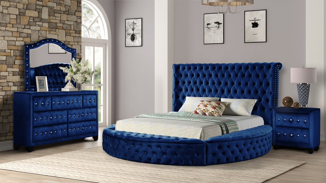 Hazel Queen 4 Pc Bedroom Set Made With Wood In Blue Color Box Spring Not Required Queen Blue Wood 4 Piece Set Bedroom Bed Included,Dresser Included,Mirror Included,Nightstand Included Contemporary,Modern Solid Wood Mdf Velvet Tufted Wood