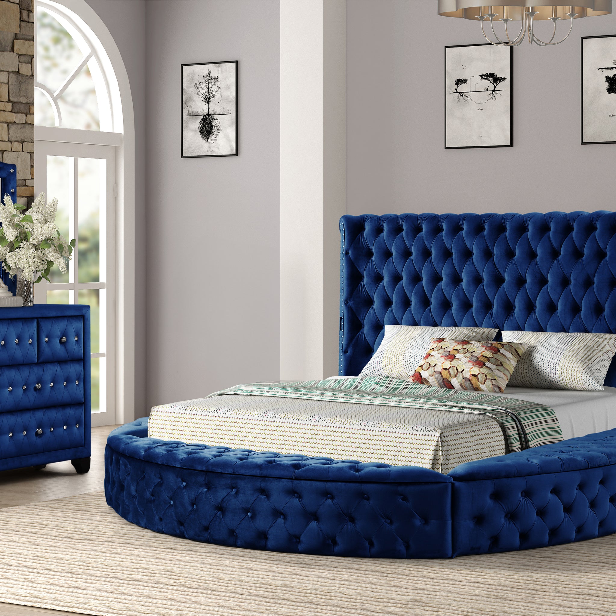 King 4 Pc Bedroom Set Made With Wood In Blue Color Box Spring Not Required King Blue Wood 4 Piece Set Bedroom Bed Included,Dresser Included,Mirror Included,Nightstand Included Contemporary,Modern