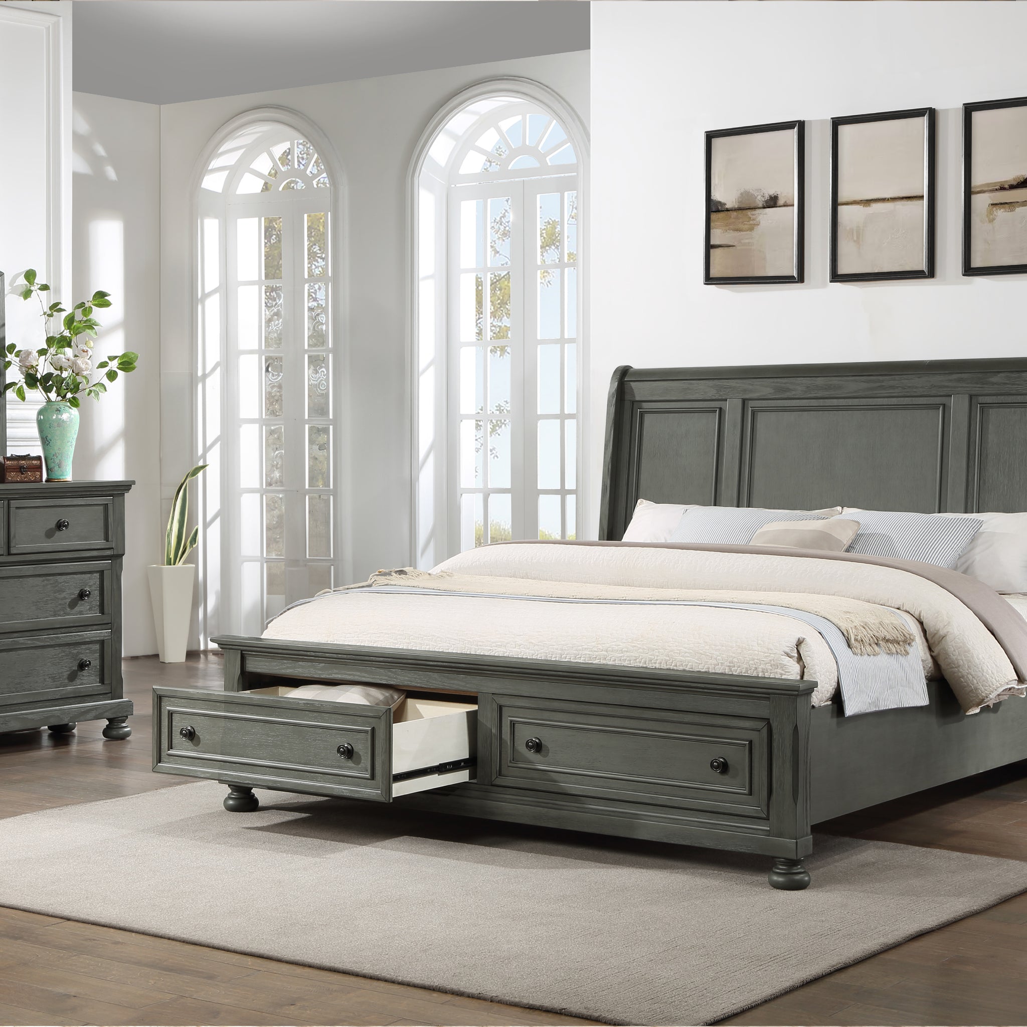 Modern Style 4Pc King Bedroom Set Made With Wood & Rustic Gray Finish Box Spring Not Required Gray Wood Gray 4 Piece Set Bedroom Bed Included,Dresser Included,Mirror Included,Nightstand Included