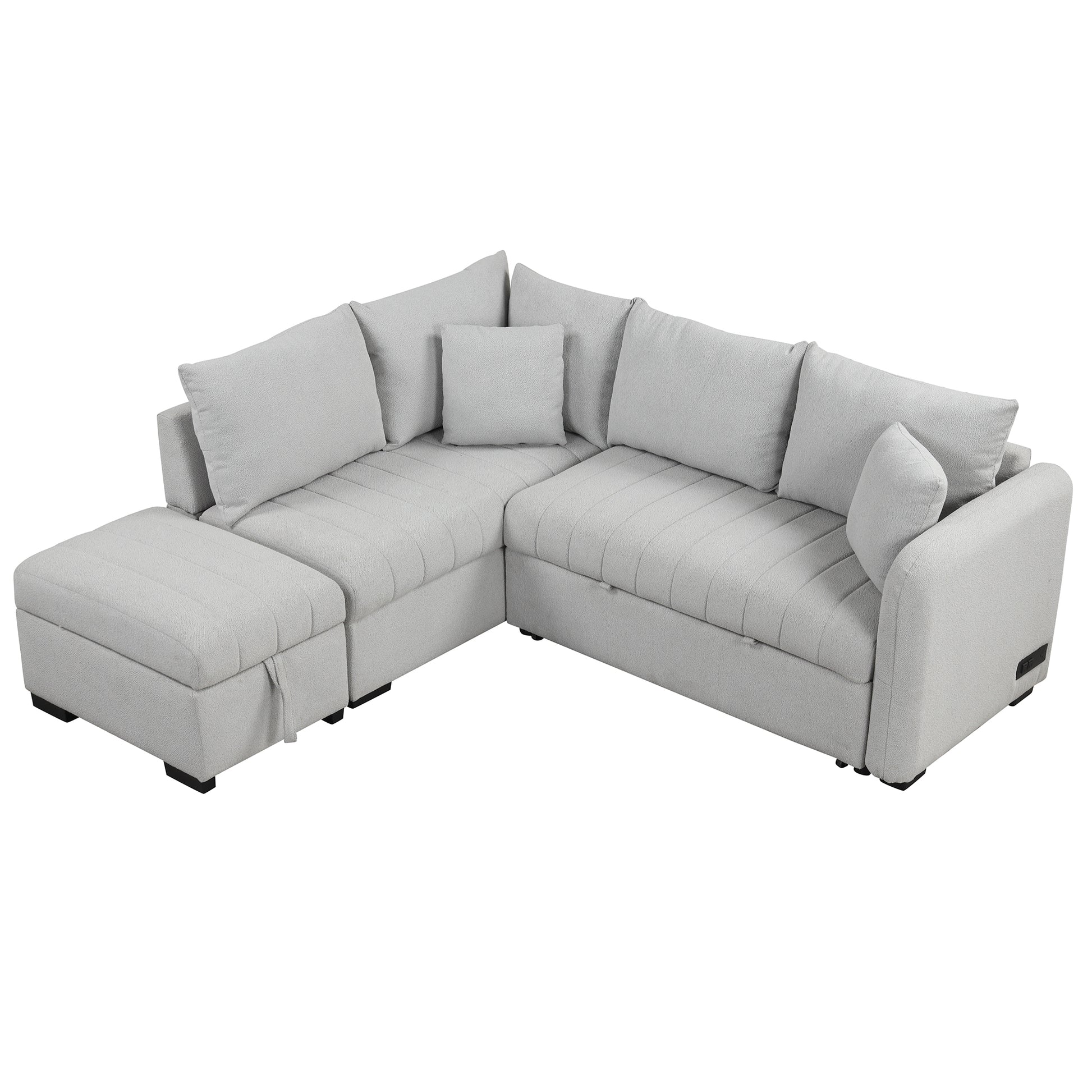 82.6" L Shaped Sectional Pull Out Sofa Bed Sleeper Sofa With Two Usb Ports, Two Power Sockets And A Movable Storage Ottoman, Gray Gray Foam Polyester