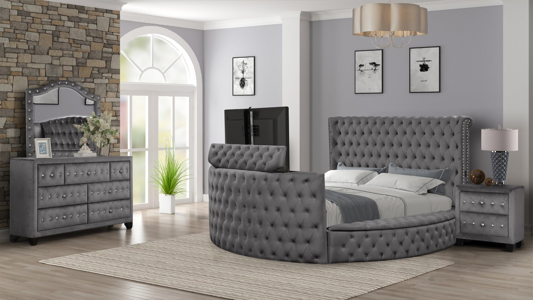 Maya Modern Style Crystal Tufted King 4Pc Bed Room Set Made With Wood In Gray Box Spring Not Required King Gray Wood 4 Piece Set Bedroom Bed Included,Dresser Included,Mirror Included,Nightstand Included Contemporary,Modern Upholstered Velvet Tufted Wood