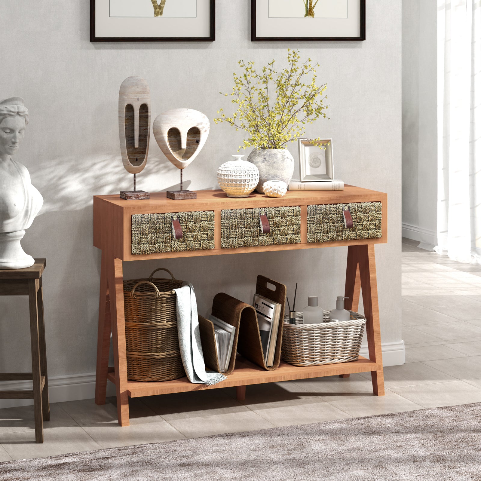 Mid Century Modern Console Table With Storage For Entryway, Multi Functional Entryway Table With 3 Drawers,Sofa Table Behind Couch With Open Storage Shelf For Living Room And Foyers Brown Oak Brown Soft Close Drawers Triangular Primary Living Space Mid