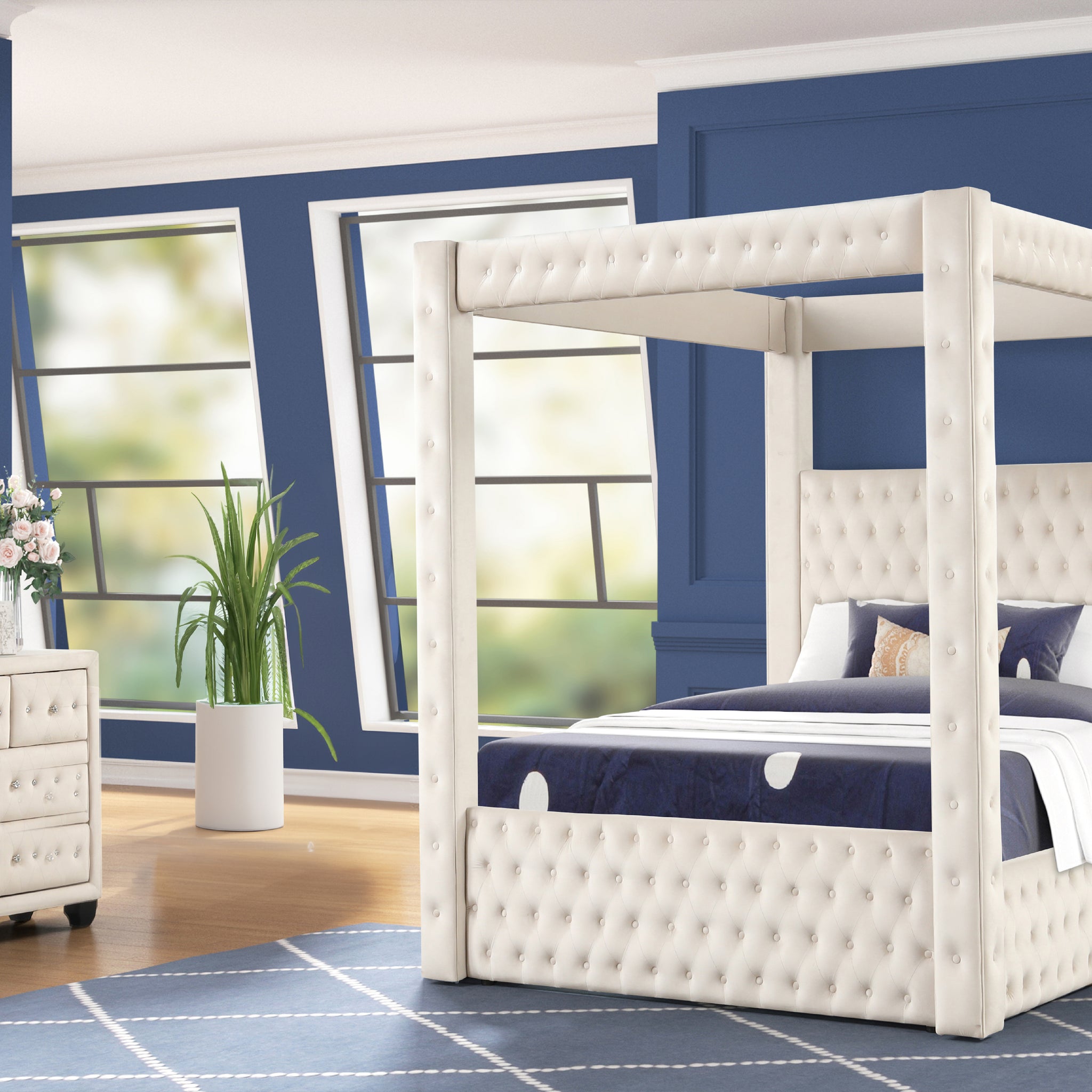 Luxurious Four Poster King 4 Pc Bedroom Set Made With Wood In Cream Box Spring Not Required King Cream Wood 4 Piece Set Bedroom Bed Included,Dresser Included,Mirror Included,Nightstand Included