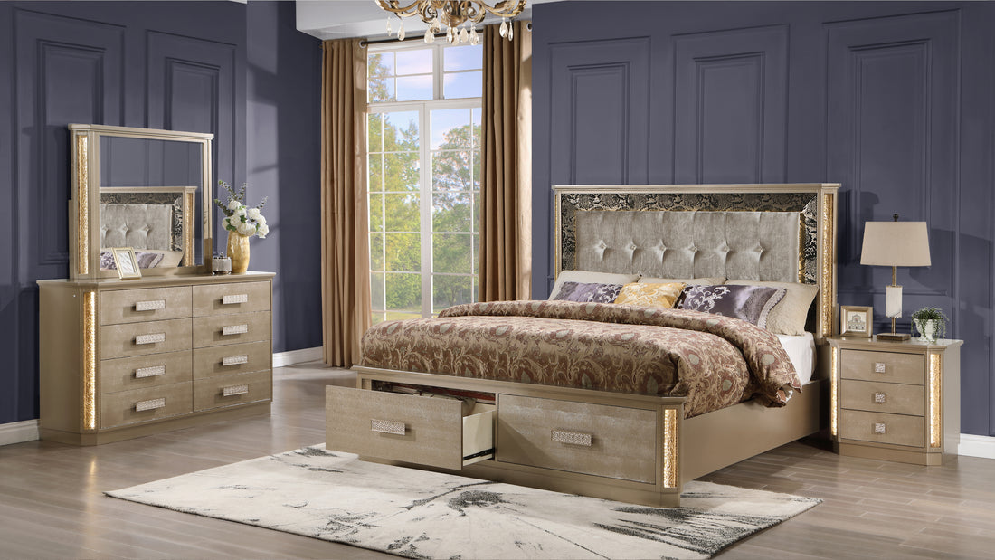 King 4Pc Bedroom Set Made With Wood In Gold Box Spring Not Required King Gold Wood 4 Piece Set Bedroom Bed Included,Dresser Included,Mirror Included,Nightstand Included Contemporary,Modern Wood