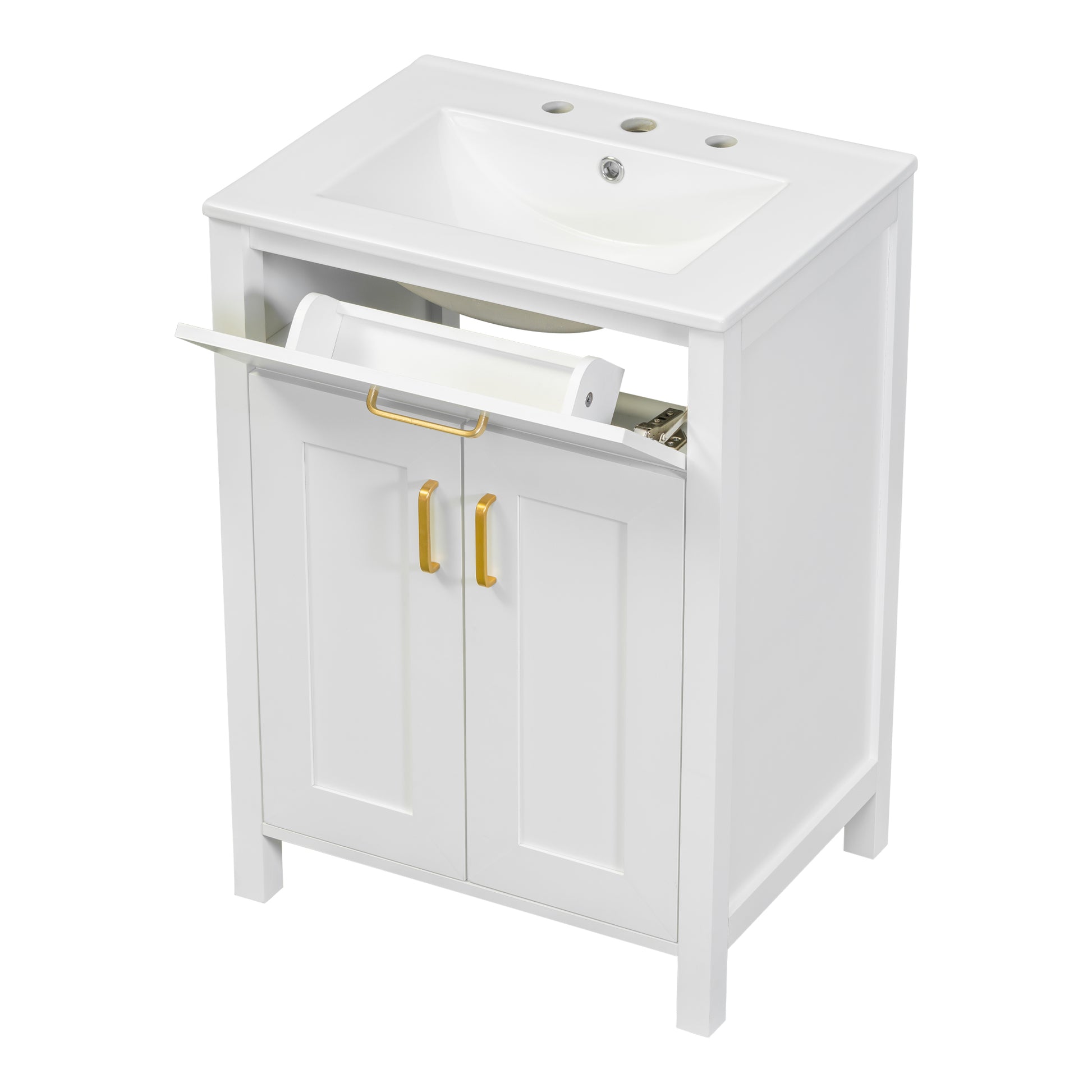 24"Bathroom Vanity Combo With Ceramic Sink, Luxurious Space Saving Vanity W24"*D18"*H34"Inch, 2 Soft Close Doors Gold White Bathroom Solid Wood Mdf