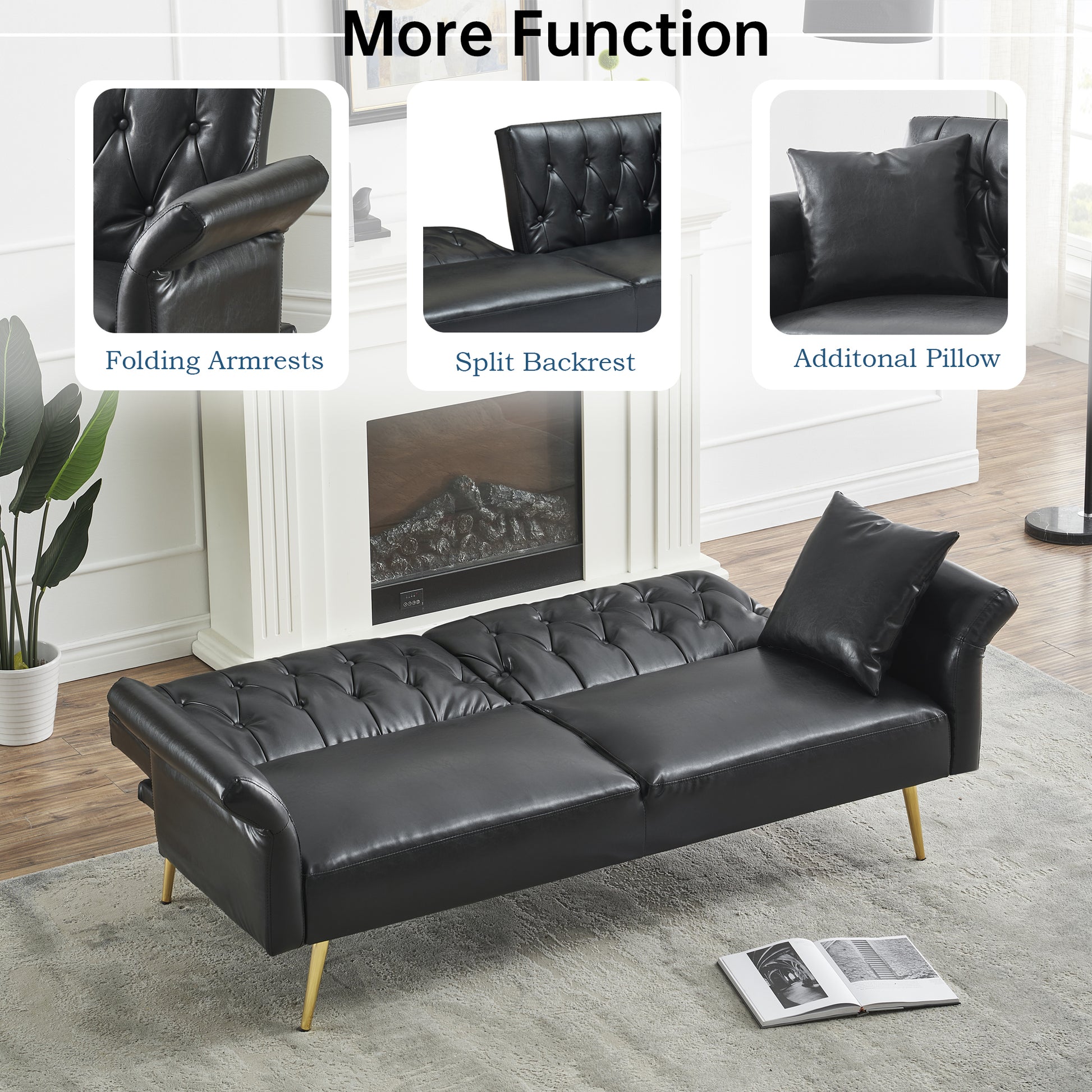 67.71 Inch Faux Leather Sofa Bed With Adjustment Armres Black Light Brown Faux Leather Wood Primary Living Space Medium Soft Loose Back Contemporary Eucalyptus Square Arms Foam Pvc 2 Seat