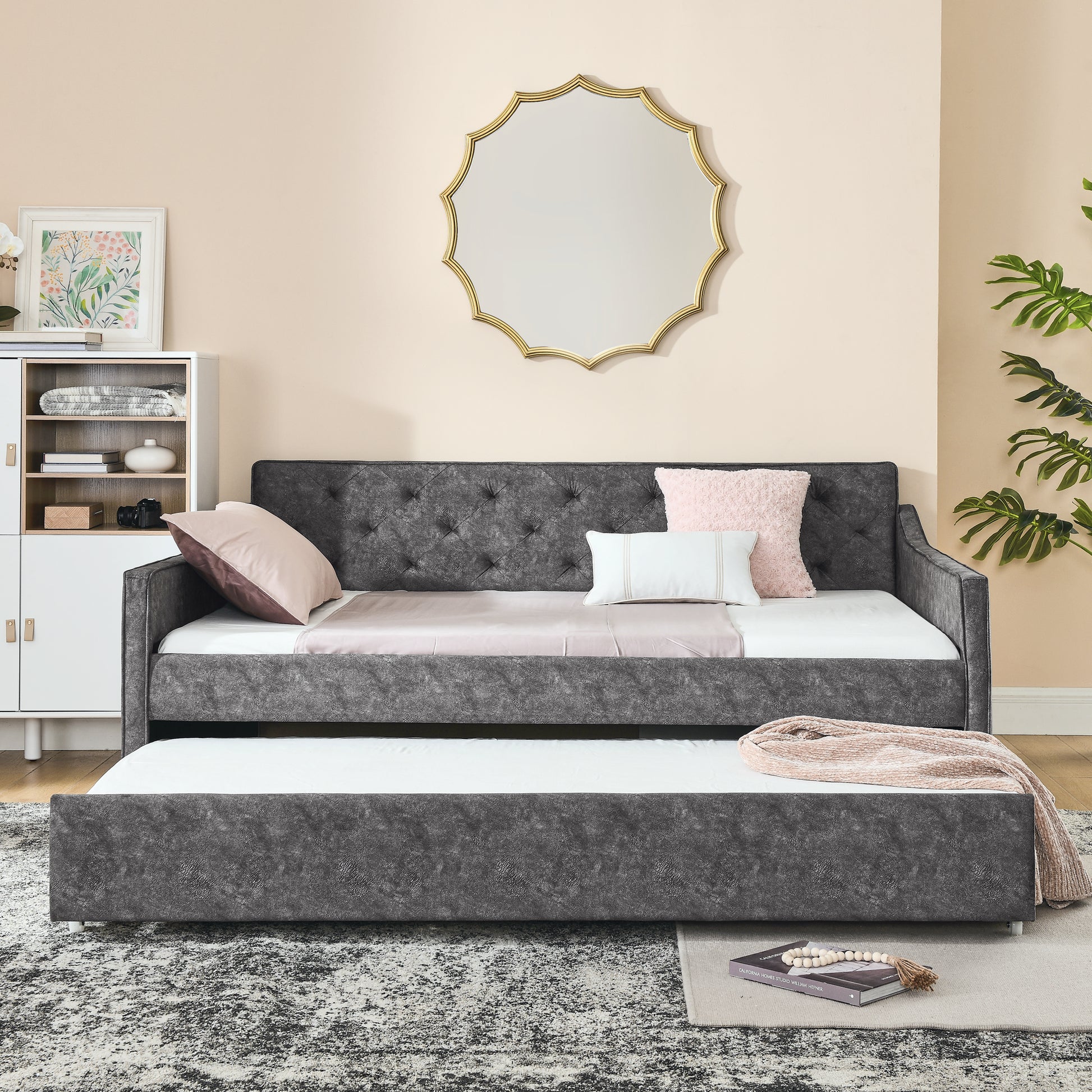 Full Size Daybed With Twin Size Trundle Upholstered Tufted Sofa Bed, Waved Shape Arms, Grey Box Spring Not Required Full Grey Wood Bedroom Eucalyptus Polyester Polyester