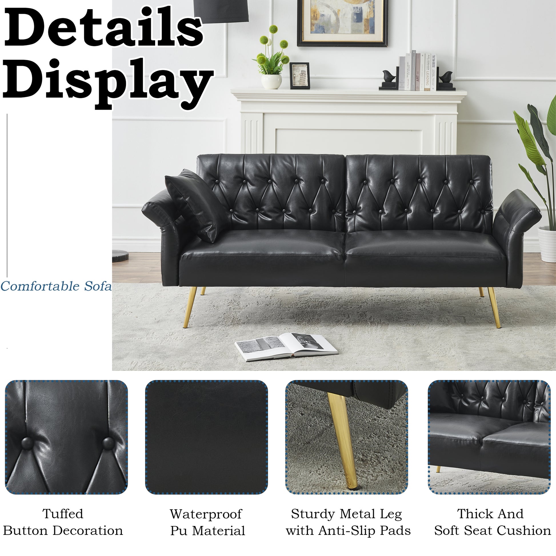 67.71 Inch Faux Leather Sofa Bed With Adjustment Armres Black Light Brown Faux Leather Wood Primary Living Space Medium Soft Loose Back Contemporary Eucalyptus Square Arms Foam Pvc 2 Seat