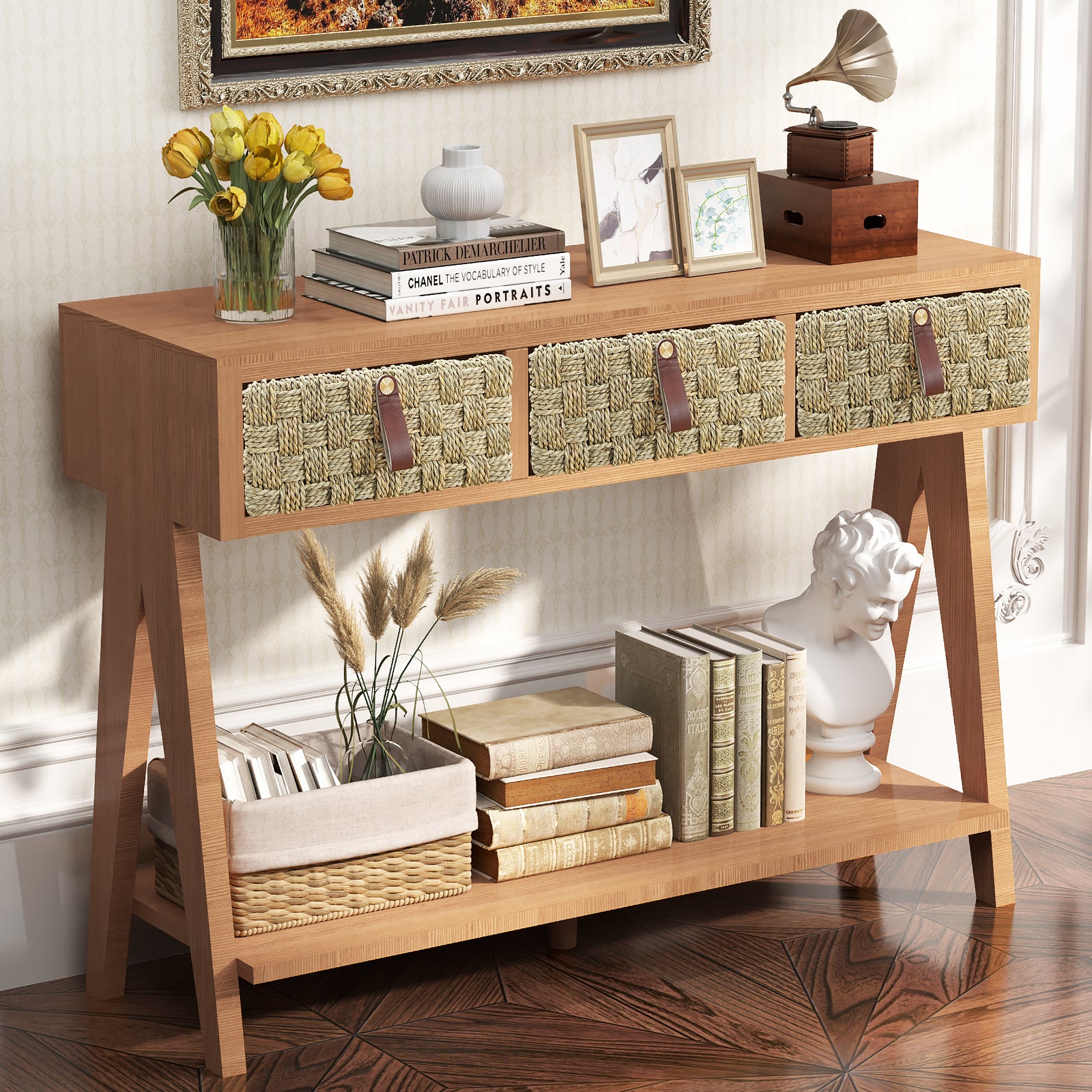 Mid Century Modern Console Table With Storage For Entryway, Multi Functional Entryway Table With 3 Drawers,Sofa Table Behind Couch With Open Storage Shelf For Living Room And Foyers Brown Oak Brown Soft Close Drawers Triangular Primary Living Space Mid