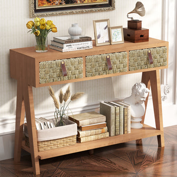 Mid Century Modern Console Table With Storage For Entryway, Multi Functional Entryway Table With 3 Drawers,Sofa Table Behind Couch With Open Storage Shelf For Living Room And Foyers Brown Oak Brown Soft Close Drawers Triangular Primary Living Space Mid