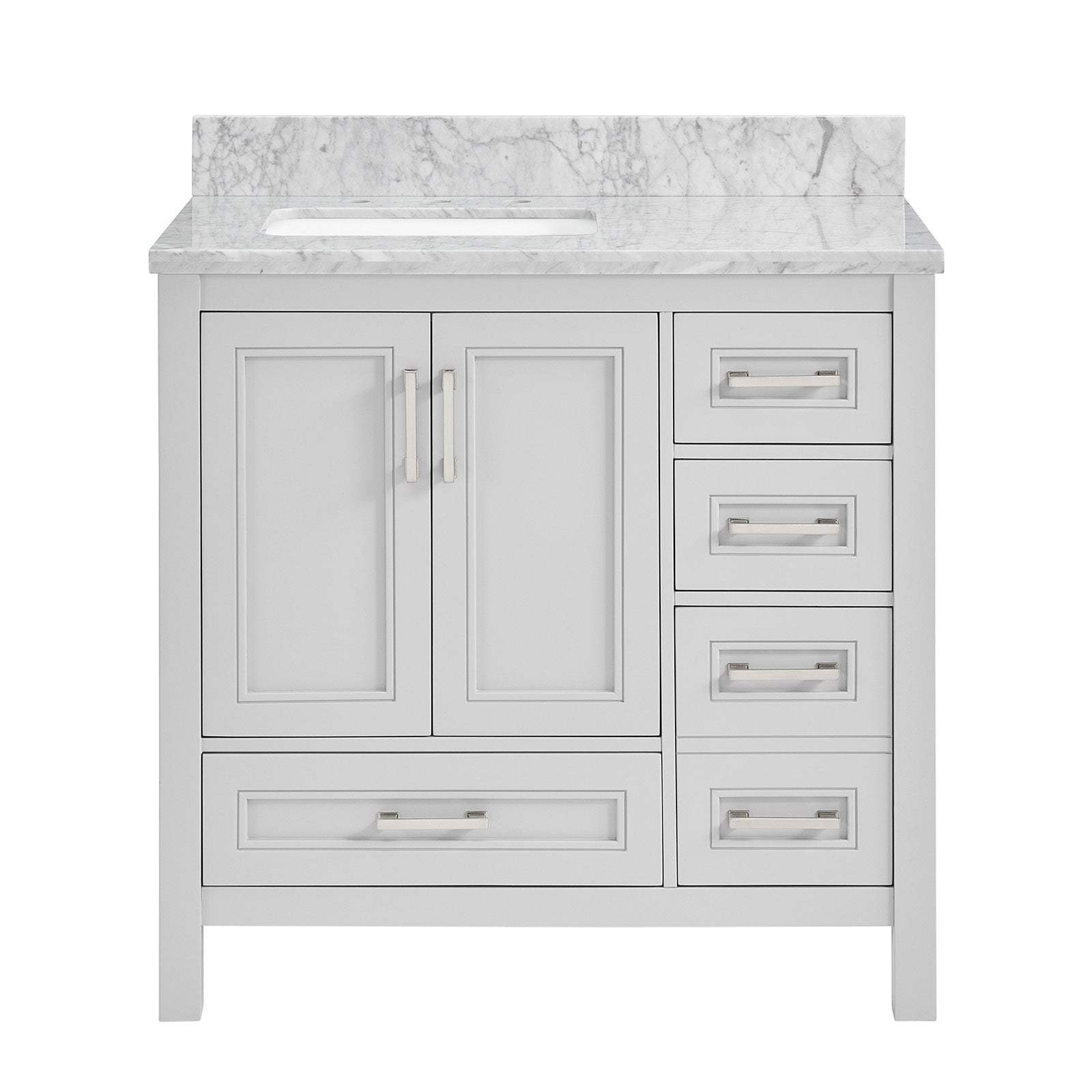 36 In Undermount Single Sink Bathroom Storage Cabinet With Carrara Natural Marble Top 4 Light Gray 2 Soft Close Doors Bathroom Mdf Painted