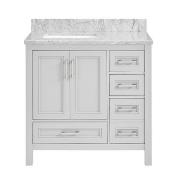 36 In Undermount Single Sink Bathroom Storage Cabinet With Carrara Natural Marble Top 4 Light Gray 2 Soft Close Doors Bathroom Mdf Painted