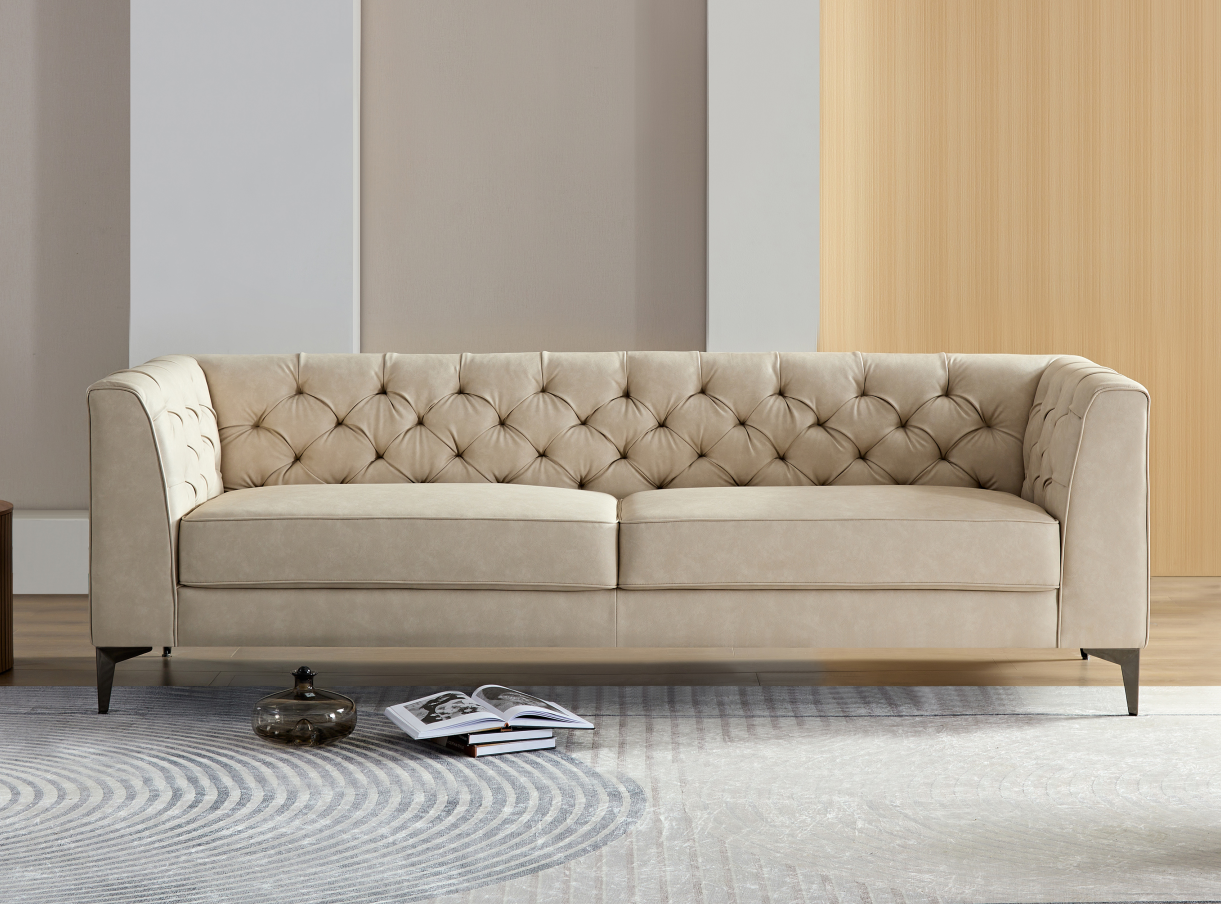 Wks5G Elegant Beige Leather Main Color, The Sofa Presents A Calm And Elegant Appearance Gray Leather 3 Seat