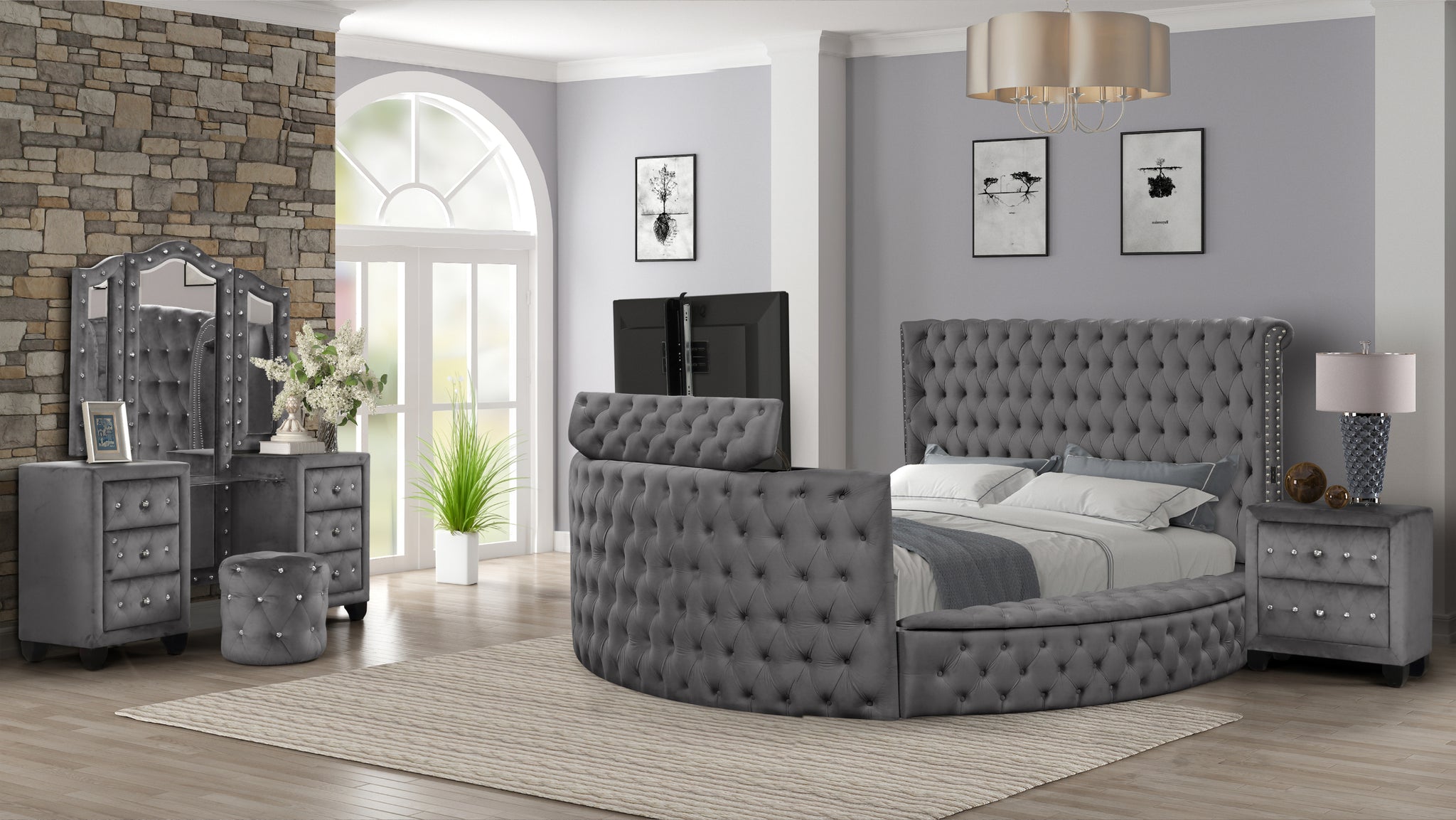 Maya Crystal Tufted King 4 Pc Vanity Bedroom Set Made With Wood In Gray Box Spring Not Required King Gray Wood 4 Piece Set Bedroom Contemporary,Modern Upholstered Velvet Tufted Wood