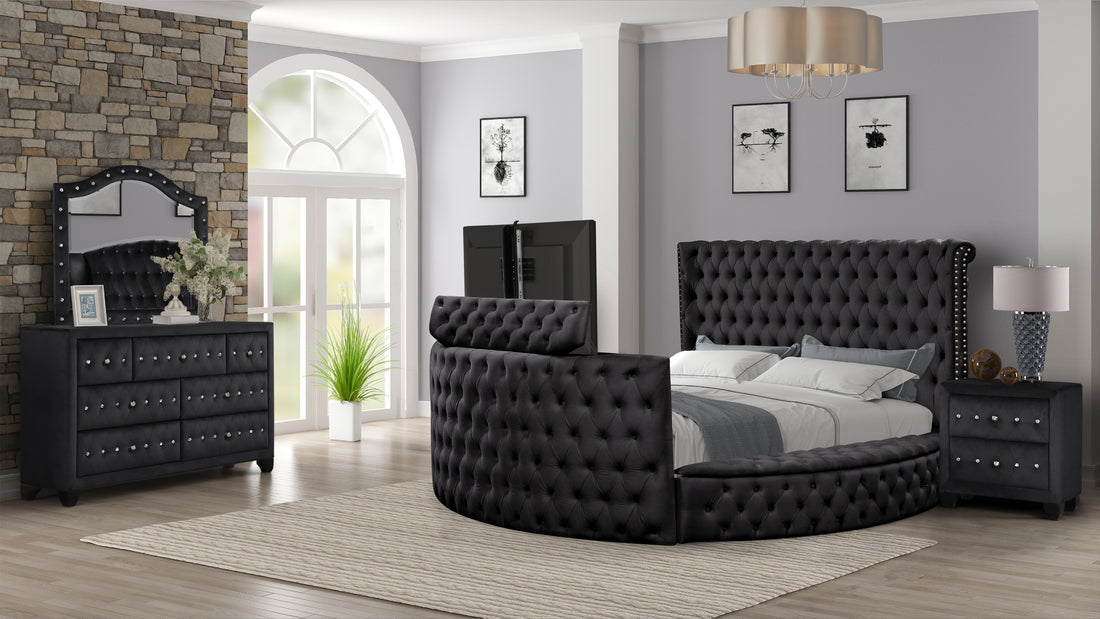 Modern Style Crystal Tufted Queen 4Pc Bed Room Set Made With Wood In Black Box Spring Not Required Queen Black Wood 4 Piece Set Bedroom Bed Included,Dresser Included,Mirror Included,Nightstand Included Modern Upholstered Velvet Wood