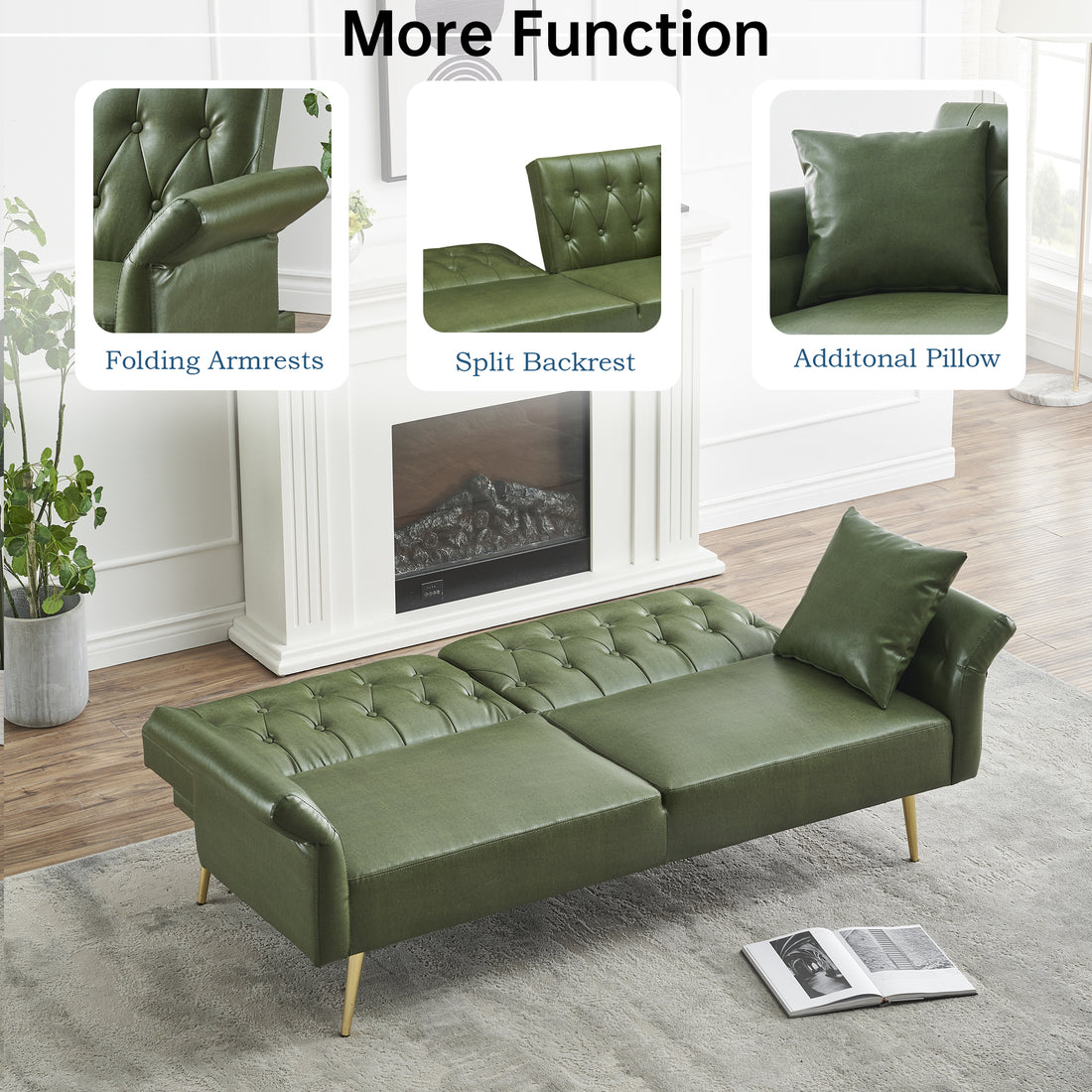 67.71 Inch Faux Leather Sofa Bed With Adjustment Armres Green Foam Pvc 2 Seat