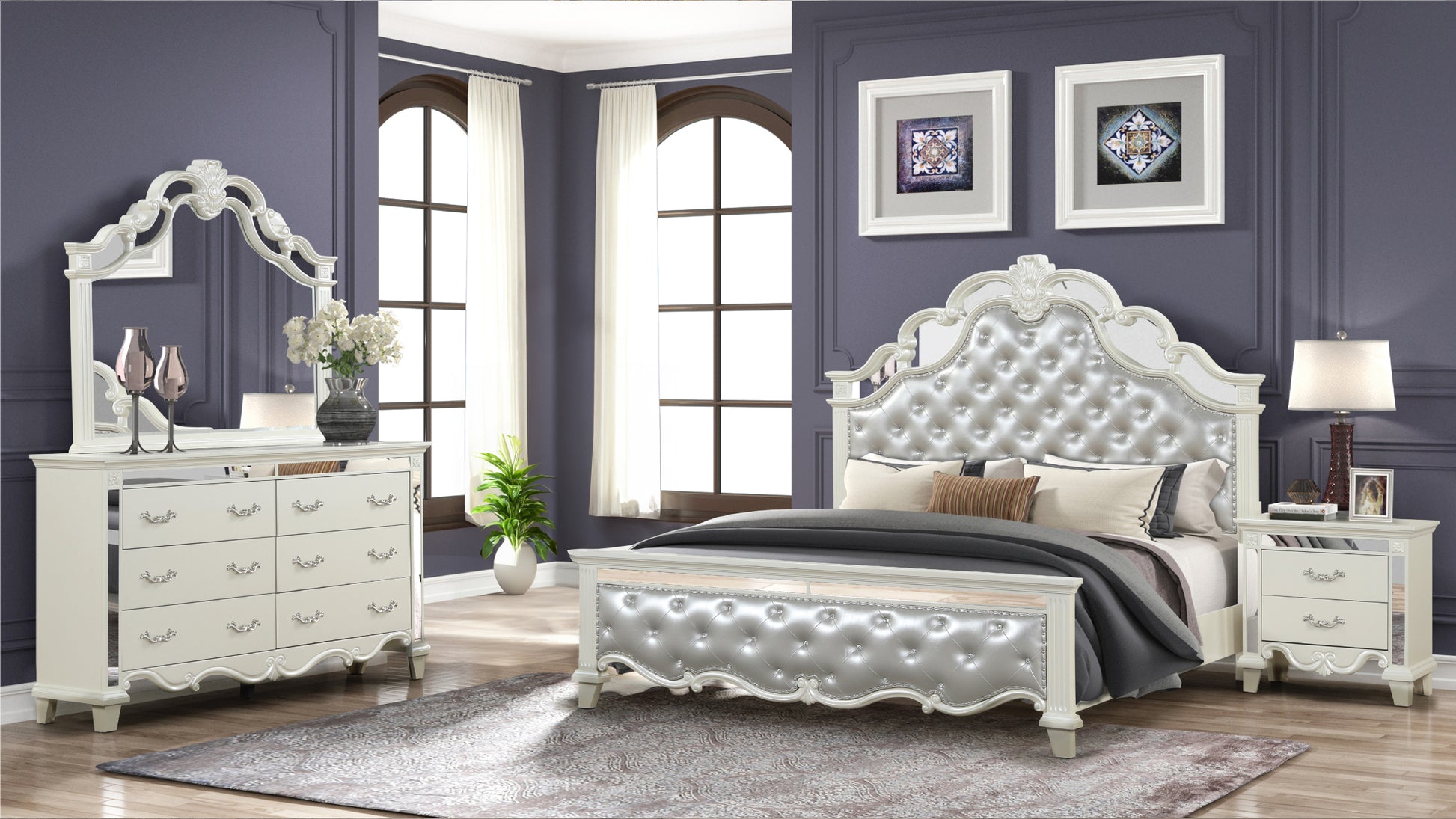 Milan Queen 4 Pc Tufted Upholstery Bedroom Set Made With Wood In White Box Spring Required Queen White Wood 4 Piece Set Bedroom Bed Included,Dresser Included,Mirror Included,Nightstand Included Contemporary,Modern Upholstered Tufted Wood