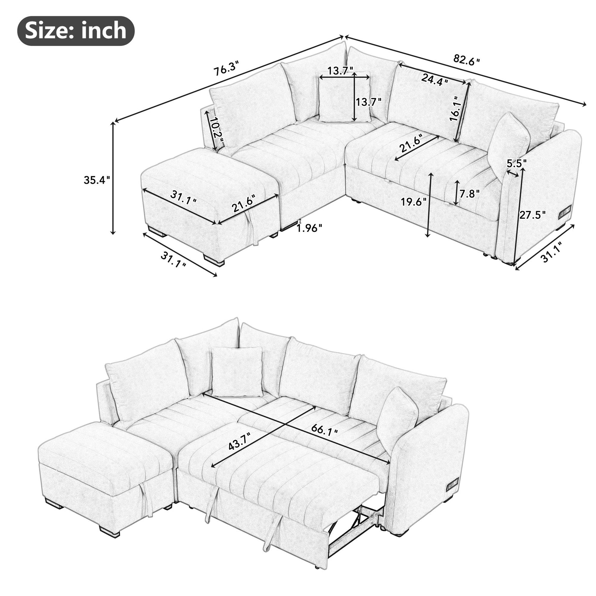 82.6" L Shaped Sectional Pull Out Sofa Bed Sleeper Sofa With Two Usb Ports, Two Power Sockets And A Movable Storage Ottoman, Gray Gray Foam Polyester