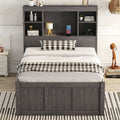 Twin Size Platform Bed With Storage Headboard, Charging Station, Twin Size Trundle And 3 Drawers, Antique Brown Box Spring Not Required Twin Antique Brown Wood Bedroom Bed Frame Solid Wood Mdf