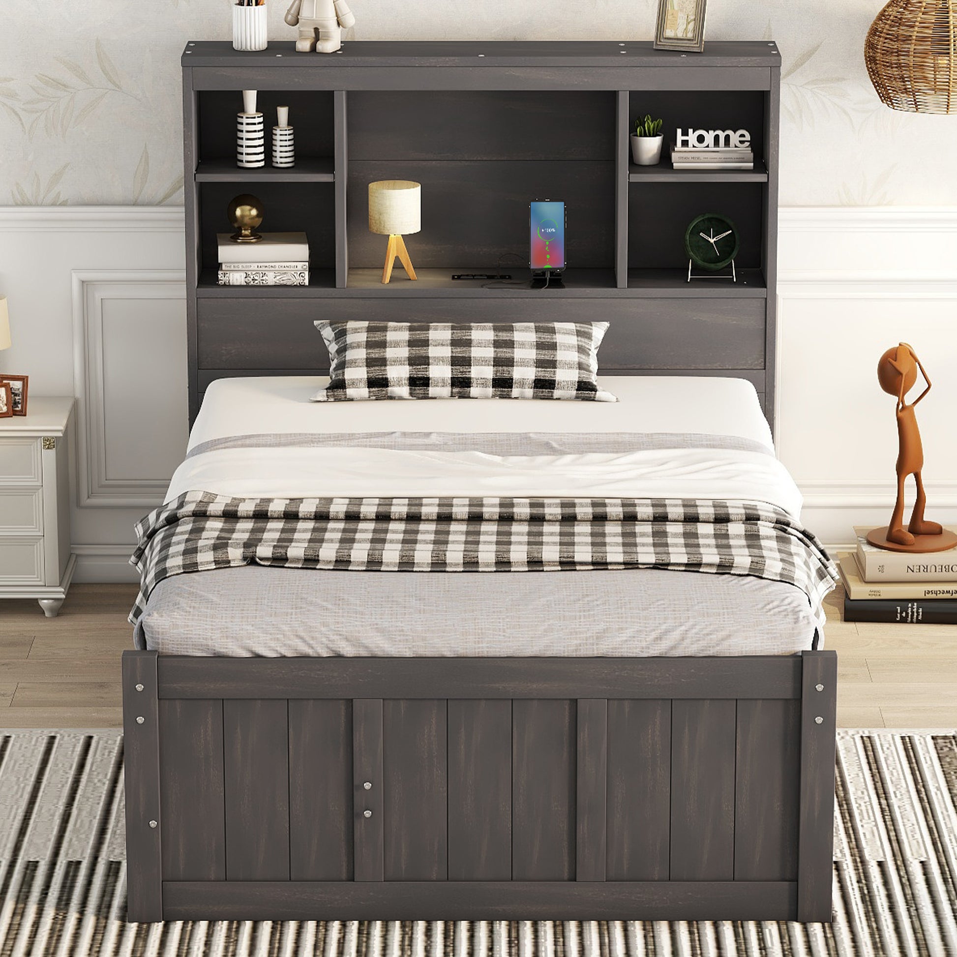 Twin Size Platform Bed With Storage Headboard, Charging Station, Twin Size Trundle And 3 Drawers, Antique Brown Box Spring Not Required Twin Antique Brown Wood Bedroom Bed Frame Solid Wood Mdf