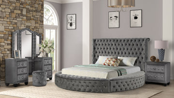 Hazel Queen 4 Pc Vanity Bedroom Set Made With Wood In Gray Color Box Spring Not Required Queen Grey Wood 4 Piece Set Bedroom Bed Included,Dresser Included,Mirror Included,Nightstand Included Contemporary,Modern Upholstered Velvet Tufted Wood