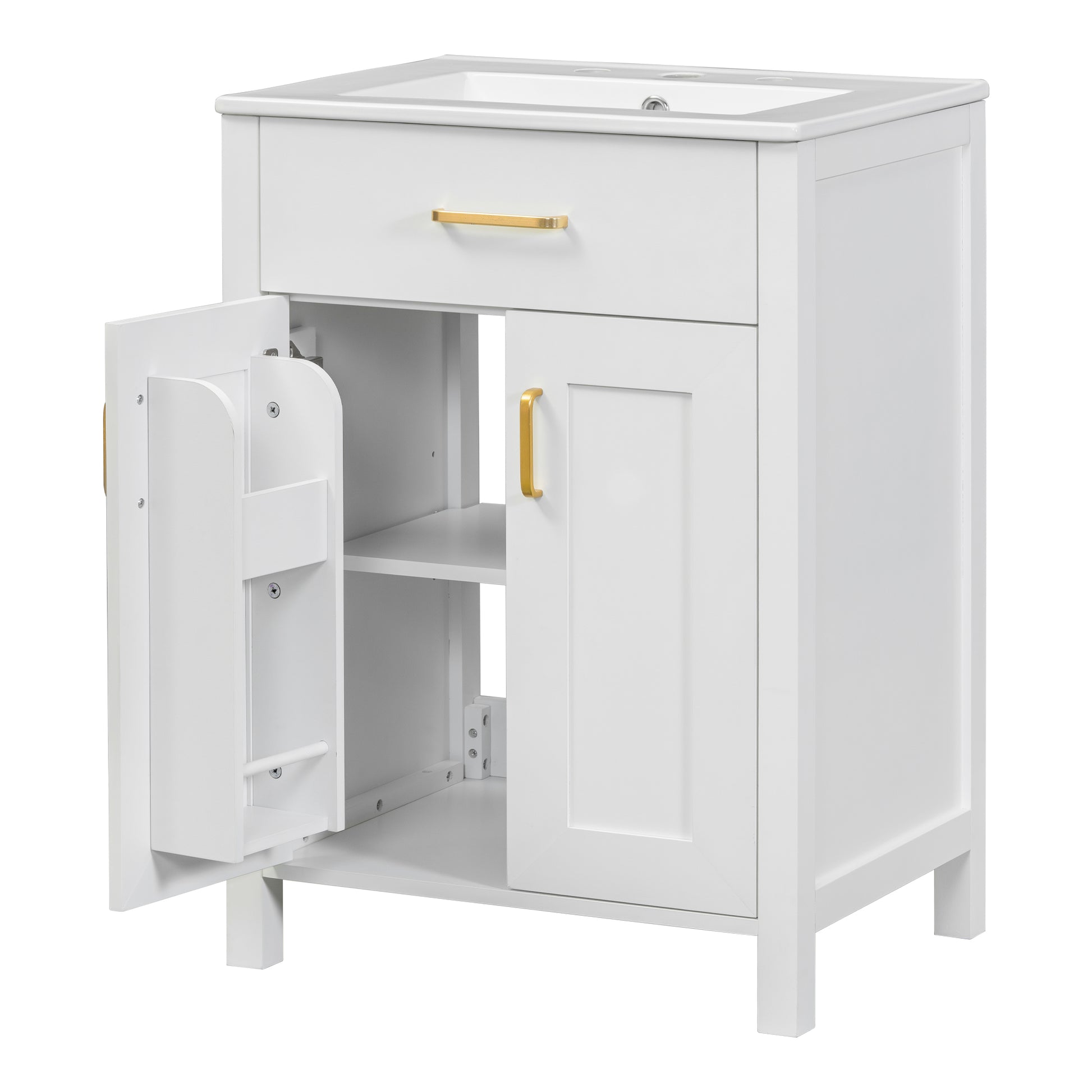 24"Bathroom Vanity Combo With Ceramic Sink, Luxurious Space Saving Vanity W24"*D18"*H34"Inch, 2 Soft Close Doors Gold White Bathroom Solid Wood Mdf