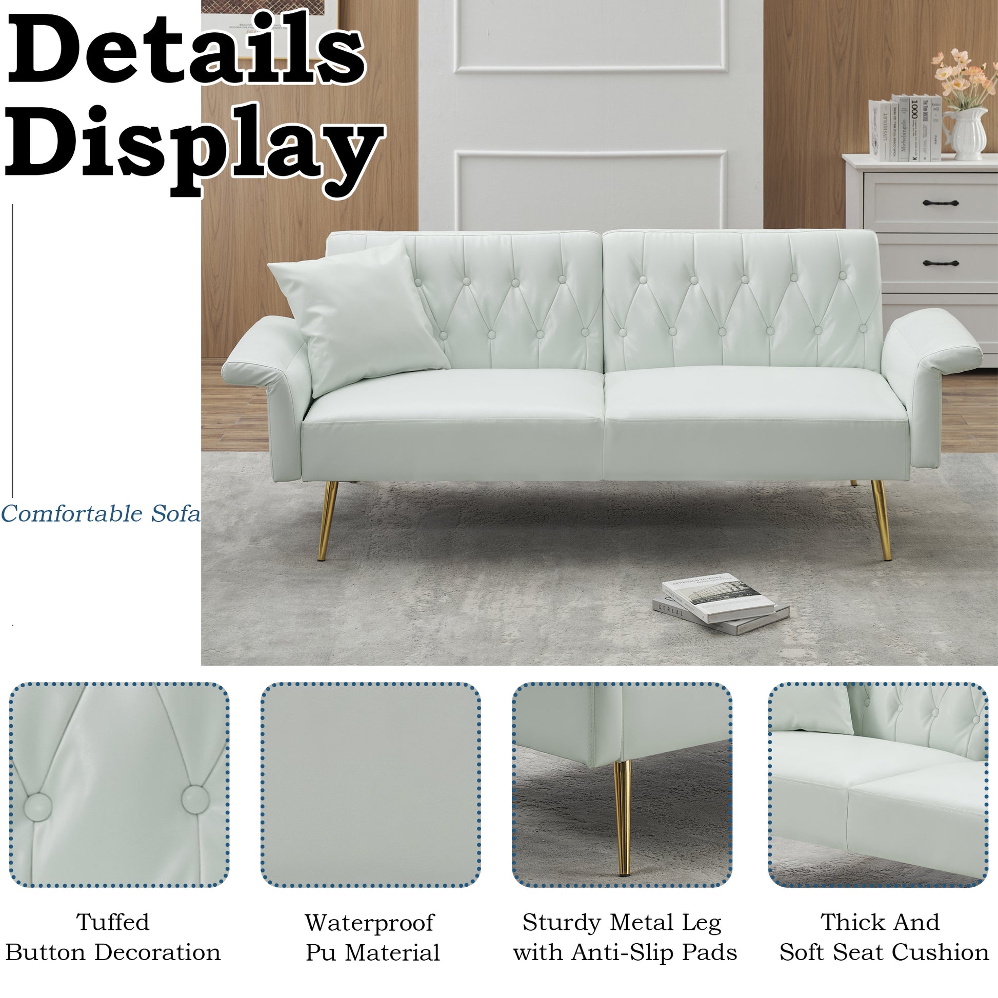 67.71 Inch Faux Leather Sofa Bed With Adjustment Armres White Light Brown Faux Leather Wood Primary Living Space Medium Soft Loose Back Contemporary Eucalyptus Square Arms Foam Pvc 2 Seat